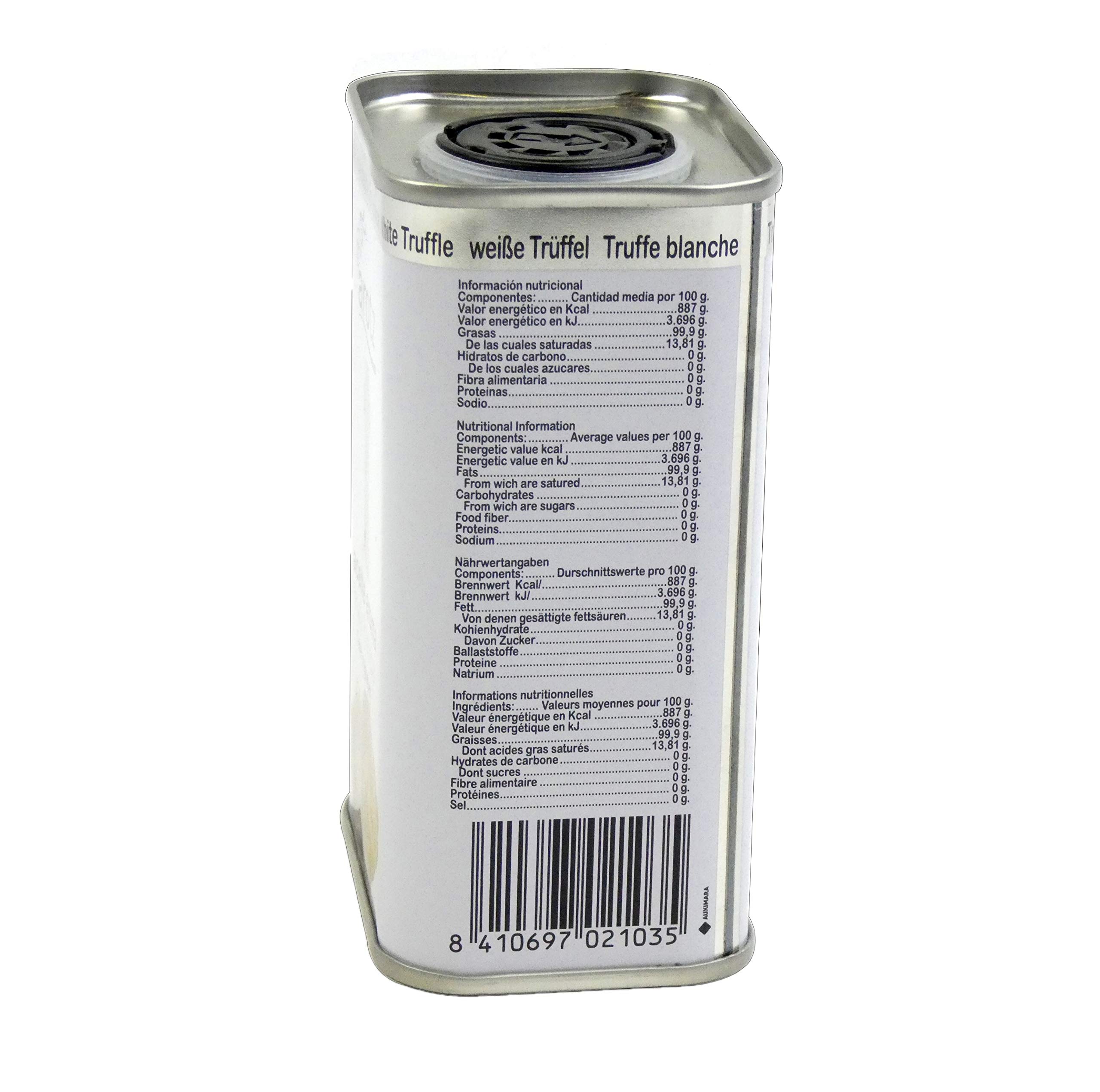 Olio all'aroma di tartufo bianco vero. Lattina di olio al tartufo da 200 ml. Tocco gourmet di alto livello culinario. Olio d'oliva aromatizzato.