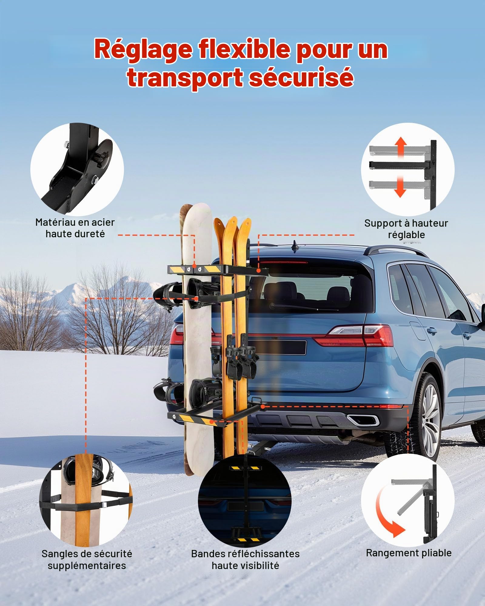 VEVOR Porte-skis sur attelage pliable, compatible avec récepteur 5 cm, support réglable pour planche à neige, capacité 6 paires de skis ou 4 planches, avec verrou, sangle de sécurité, accès inclinable
