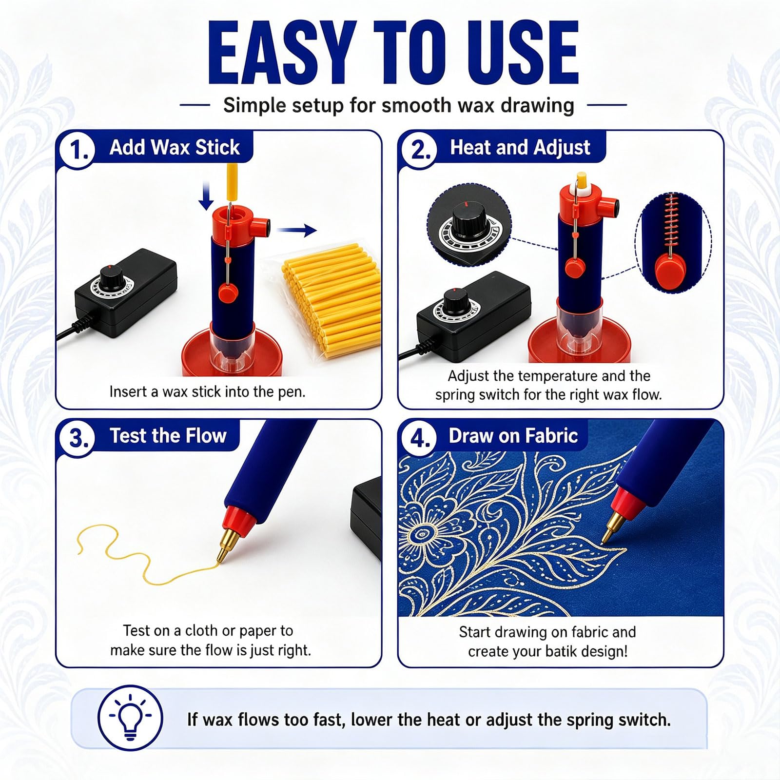 Lápiz de Cera Kistka Eléctrico con Temperatura Ajustable | Lápiz para Estampado Batik, Kit de Herramientas Batik, para Pintar y Dibujar sobre Tela y Actividades(A)
