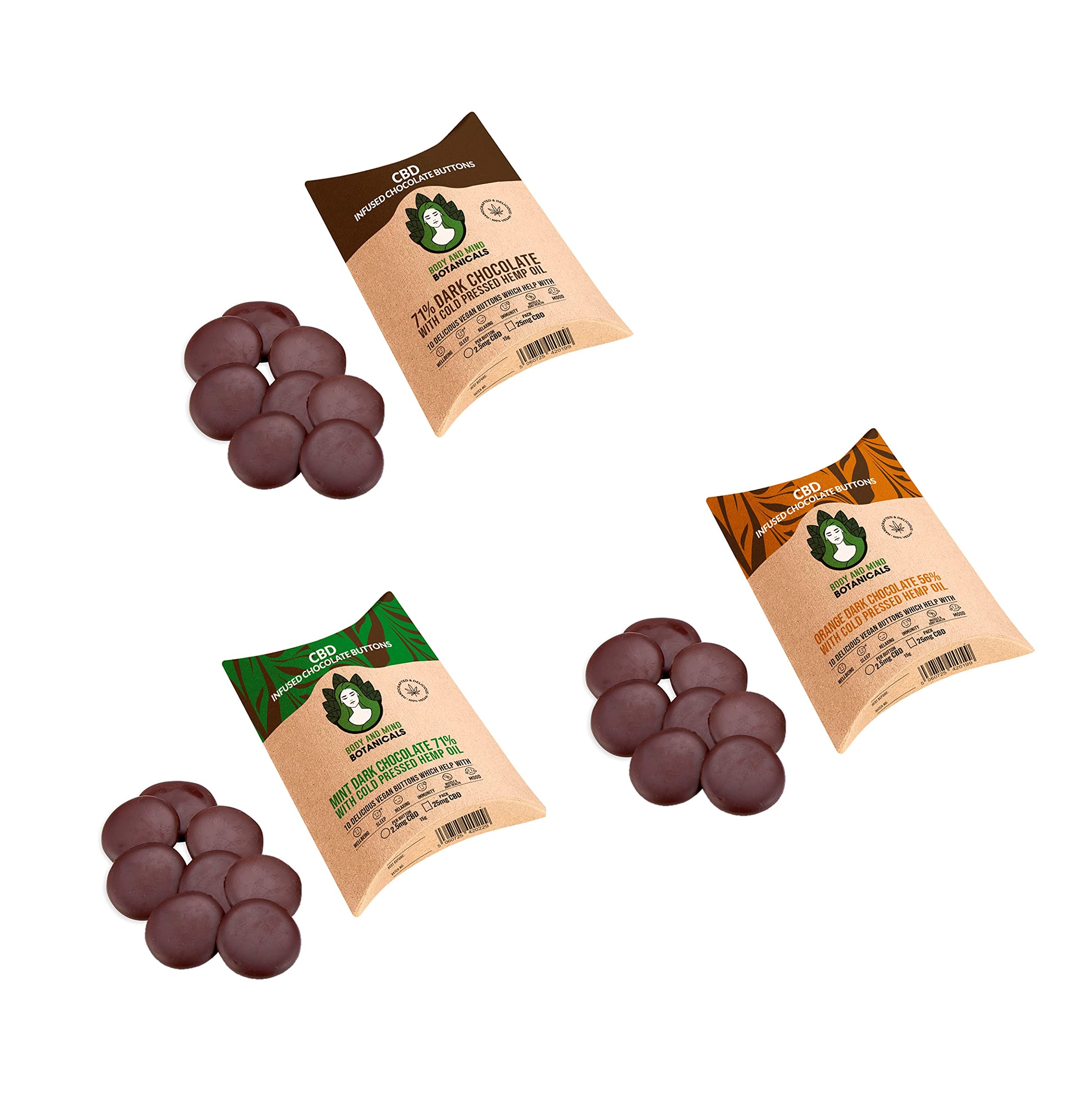 Body and Mind Botanicals CBD Chocolate Buttons Bundle / Gift Pack - Dark 71%, Mint, Orange - 75mg CBD, Brown, 45g