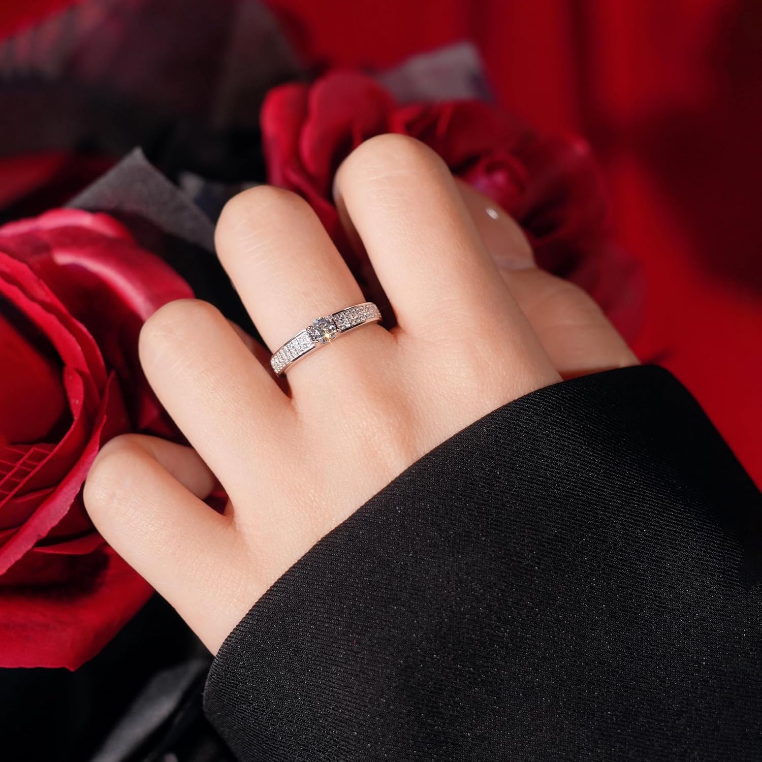 YSDD 0.3 Carat Round Moissanite Wedding Band, 925 Sterling Silver Pavé Gemstone Engagement Ring for Women - Image 4