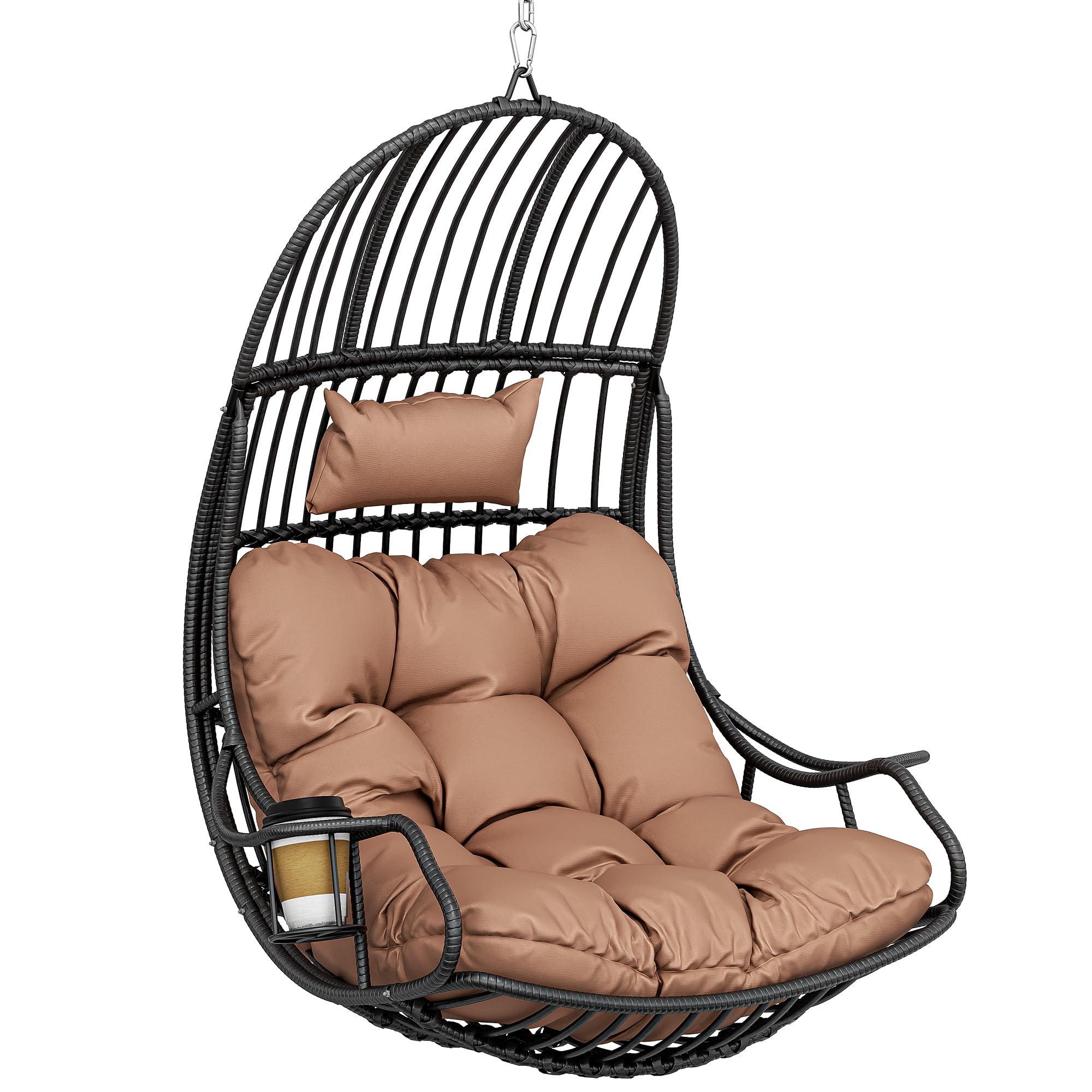 YITAHOME Hanging Chair Egg Swing 150 kg Load Capacity, Rattan Swing Chair with Cushion  Drink Holder, Hanging Basket Chair for Garden, Patio, Balcony, Living Room, Beige