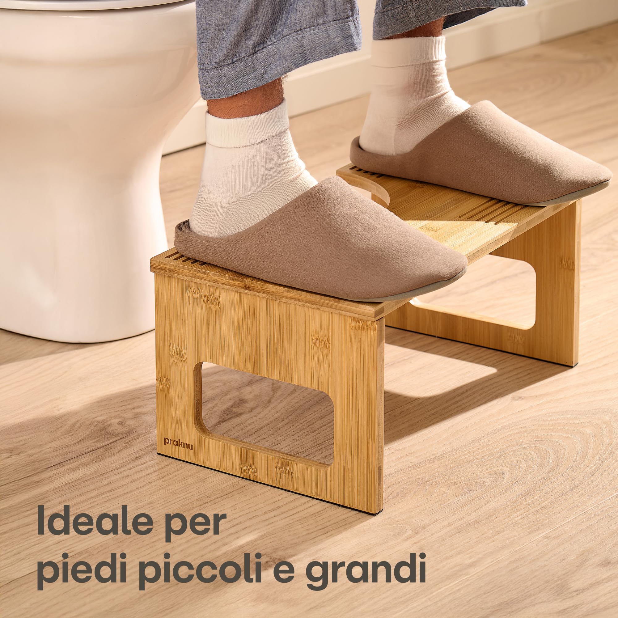 Praknu Sgabello WC Pieghevole in Bambù FSC® – Ergonomico, 𝗔𝗻𝘁𝗶𝘀𝗰𝗶𝘃𝗼𝗹𝗼 e Fisiologico per Adulti - Ideale per il Bagno