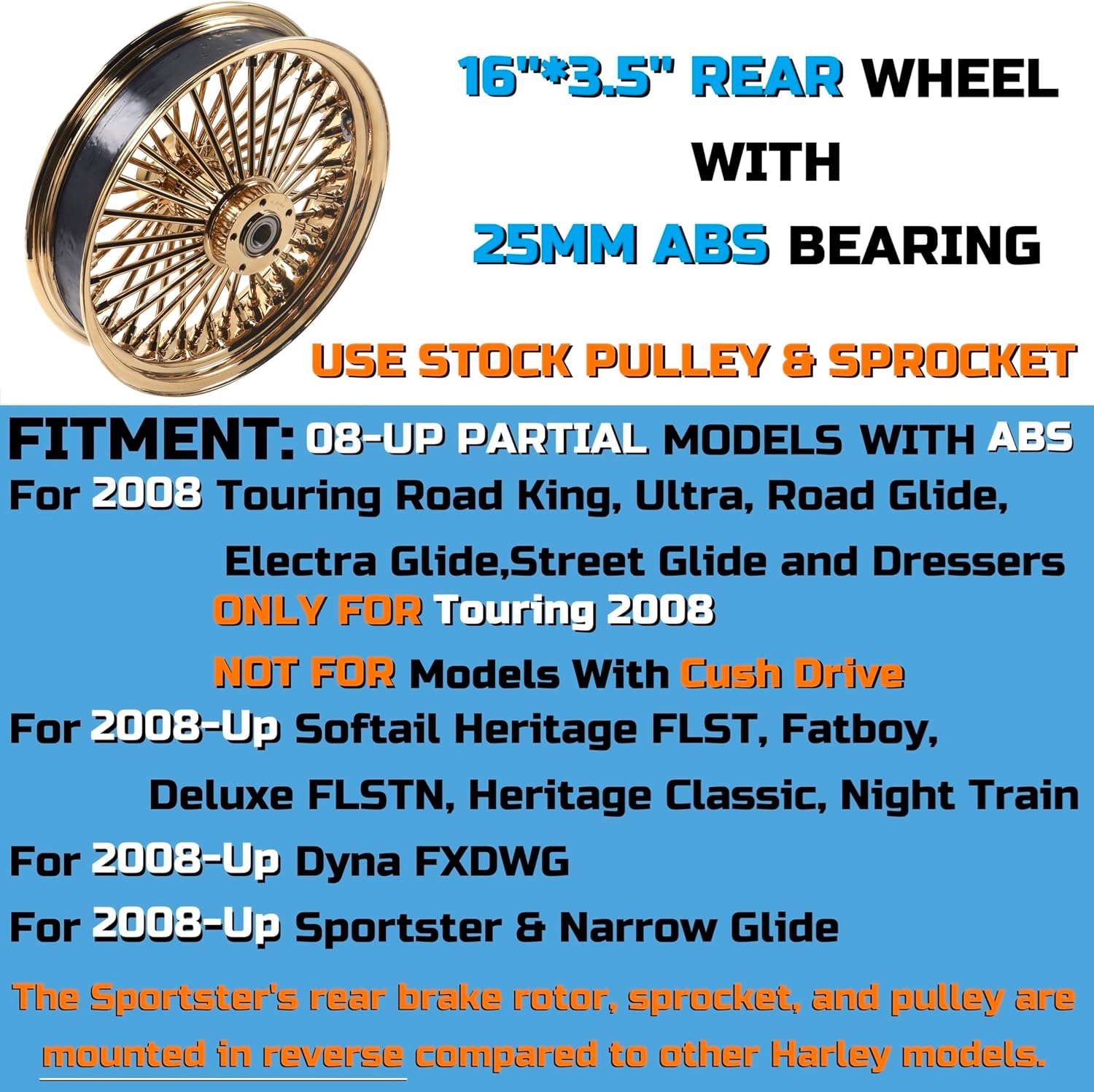 FatFlex Gold Vintage 16" Rear Wheel with 3.5" Rim for 08-up ABS Harley Dyna/Softail/Sportster, for Touring Only 2008 ABS Models, for Customizing the Bike to a Timeless Classic Style You Prefer