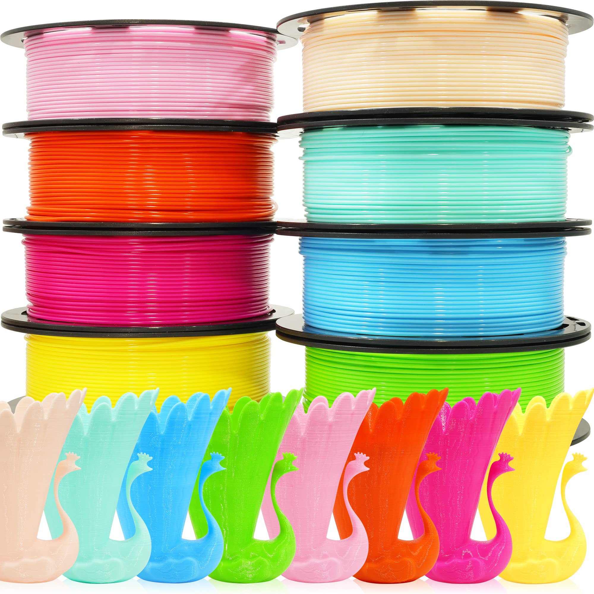 TTYT3D1.75mm 3D Printer PLA Filament 8 Colors Bundle: Pink, Yellow, Orange, Lime Green, Sky Blue, Cyan, Beige, Rose Red, 8 Spools Packed, Each 250g, Total 2Kg 3D Printing Material, 250g x 8 Spools