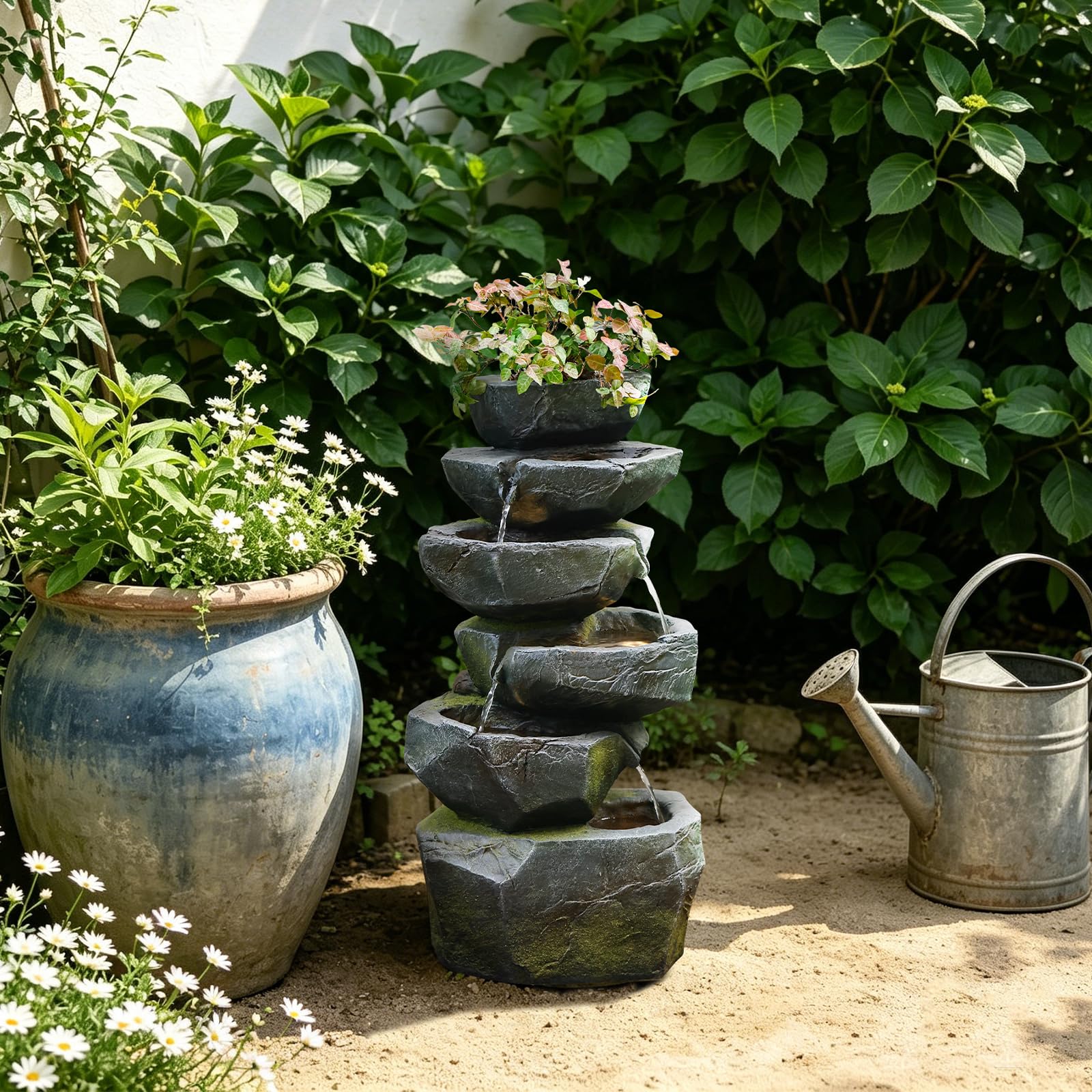 Sunlinua Gartenbrunnen aus Kunstharz in Steinoptik mit LED-Wasserfall-Design, geeignet für Terrasse, Balkon, Garten und Eingangsbereich, 34L × 22B × 70H cm | Grau