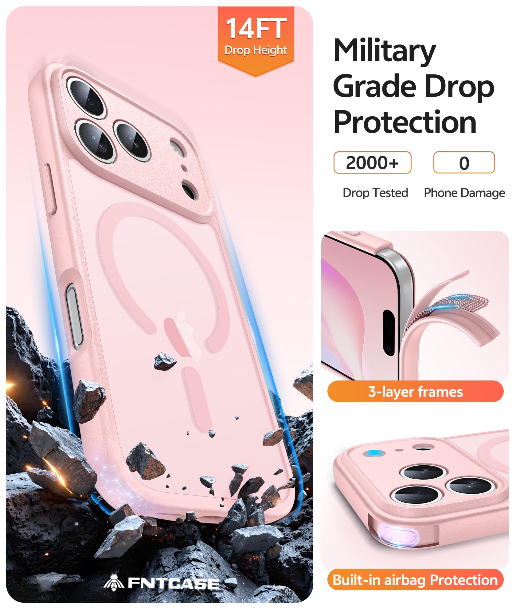 FNTCASE for iPhone 17 Pro Case: [Compatible with Magsafe] Translucent Matte Cases with [Full Camera Protection] [Screen Protector] Military Grade Shockproof Protective Phone Cover - Light Pink — view 5