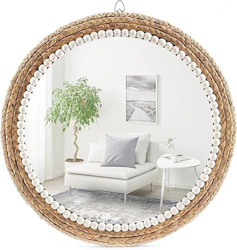 Miniatura 7 de Espejo de pared bohemio de 18 pulgadas, espejo decorativo de ratán redondo para colgar, adecuado para granja, sala de estar, dormitorio y baño