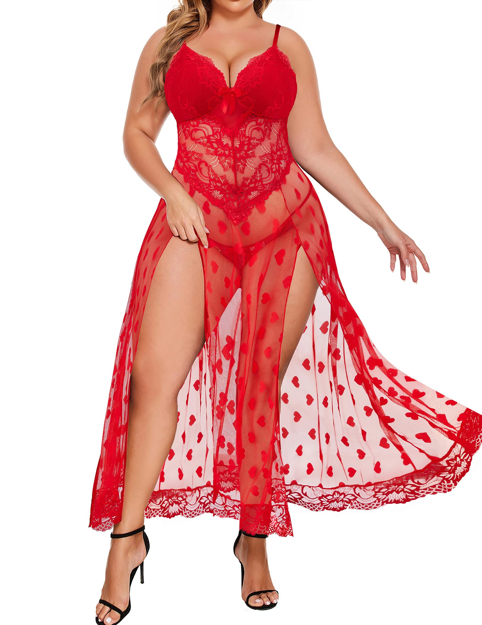 Alrovetoney Plus Size Lingerie For Women Babydoll Sexy Mesh Maxi Nightdress Exotic Sleepwear Side Slits: Red Heart Print XX-Large