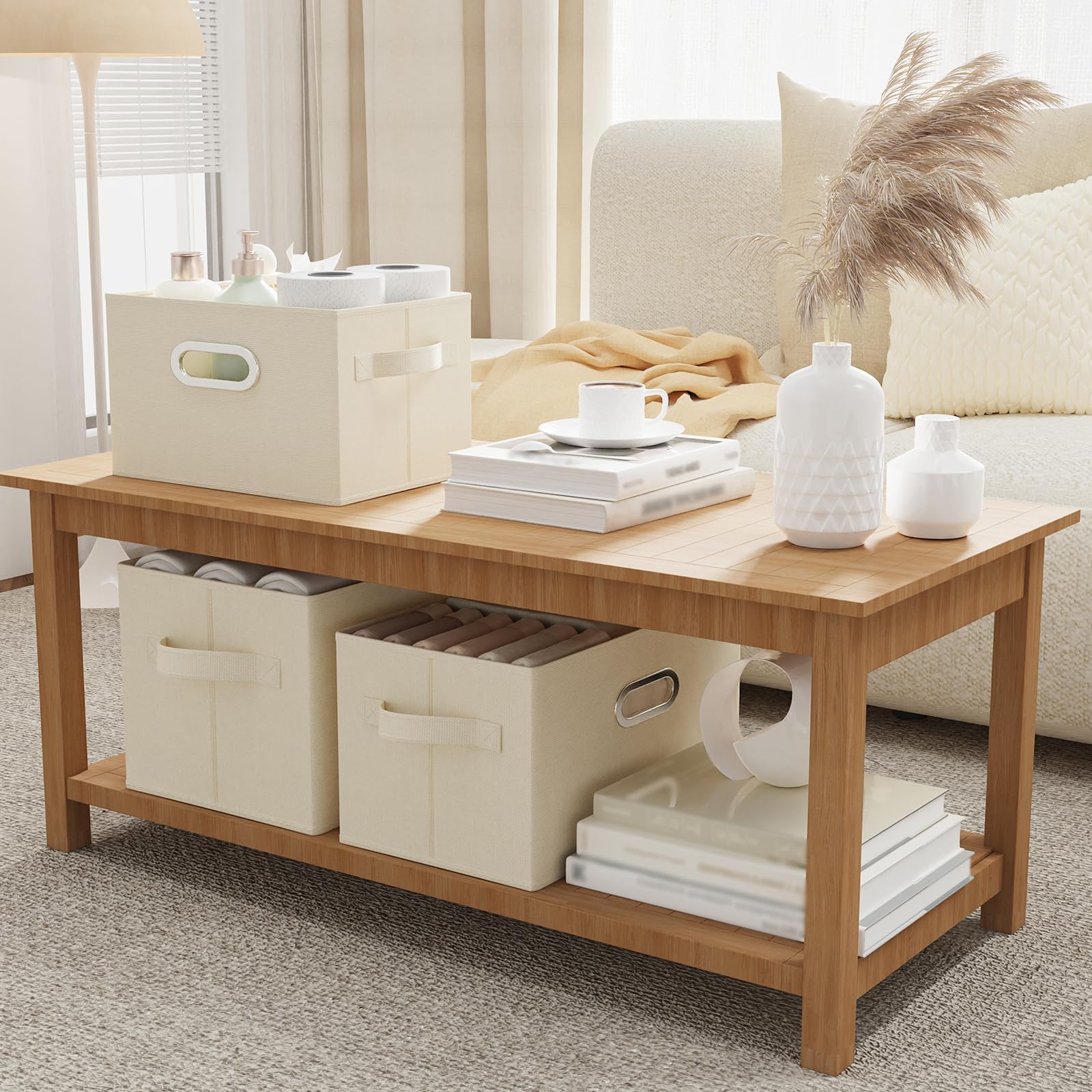 Scatole di Stoccaggio con Maniglia, Organizer Armadio Aperto, Cesto Portaoggetti in Tessuto Pieghevole, Adatto per Camere da Letto, Soggiorni, Sale Studio, Set di 2, 33x23x20cm, Beige
