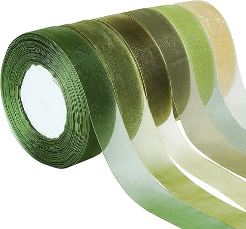 Whaline 6 rollos de cinta de satén de organza verde salvia de 1 pulgada, cinta de gasa transparente para envolver regalos, bodas, día de San