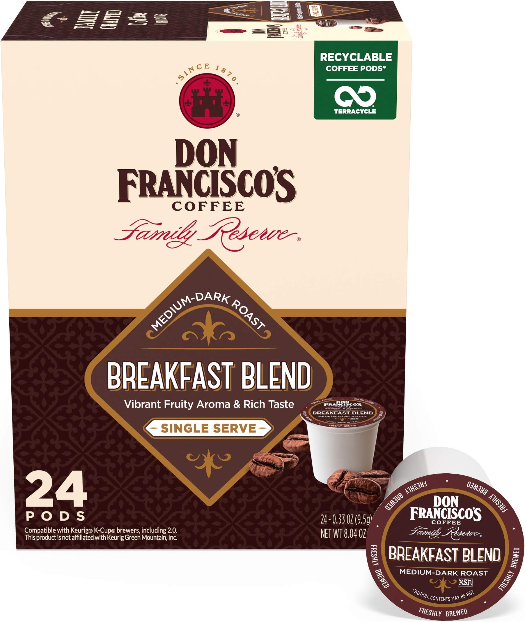 Don Francisco's Breakfast Blend Coffee Pods, 24 Count, Medium-Dark Roast, Compatible with Keurig Brewers