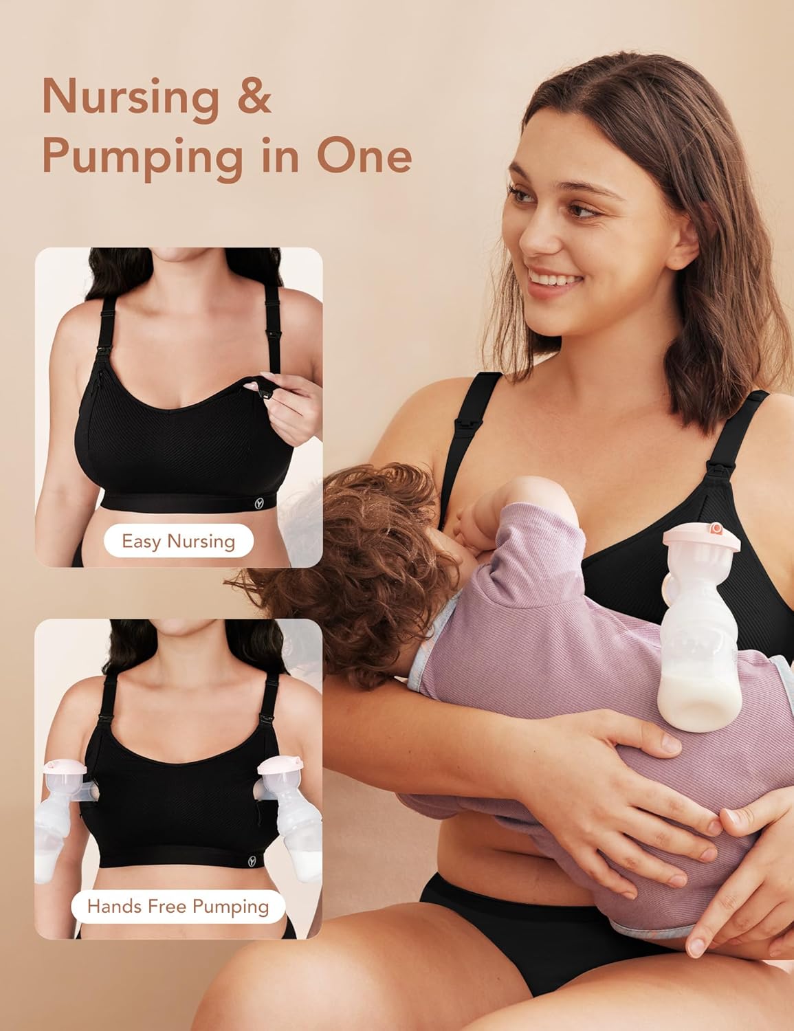 Pumping Bra Hands Free Zip Opening Design Seamless Nursing Bras for Breastfeeding High Support Nursing & Pumping Bra in One Black M - Image 4