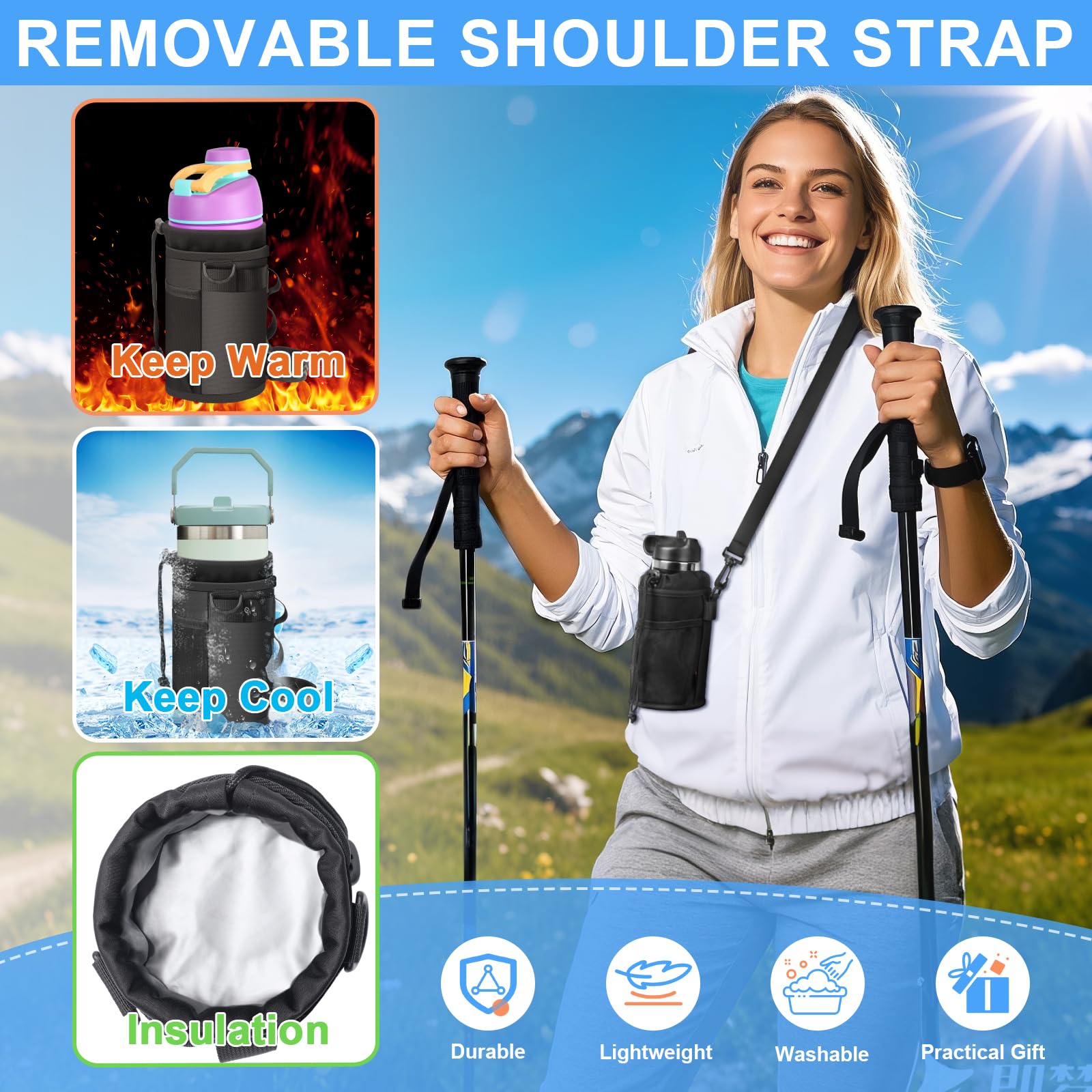 Porte 12-24oz Gourde Velo Sans Vis Bidon Porte Velo avec Poche en Maille et Bandoulière Porte Gourde VTT pour Bouteille de Vélo Guidon Poussette Scooters Randonnée Fauteuil Roulant