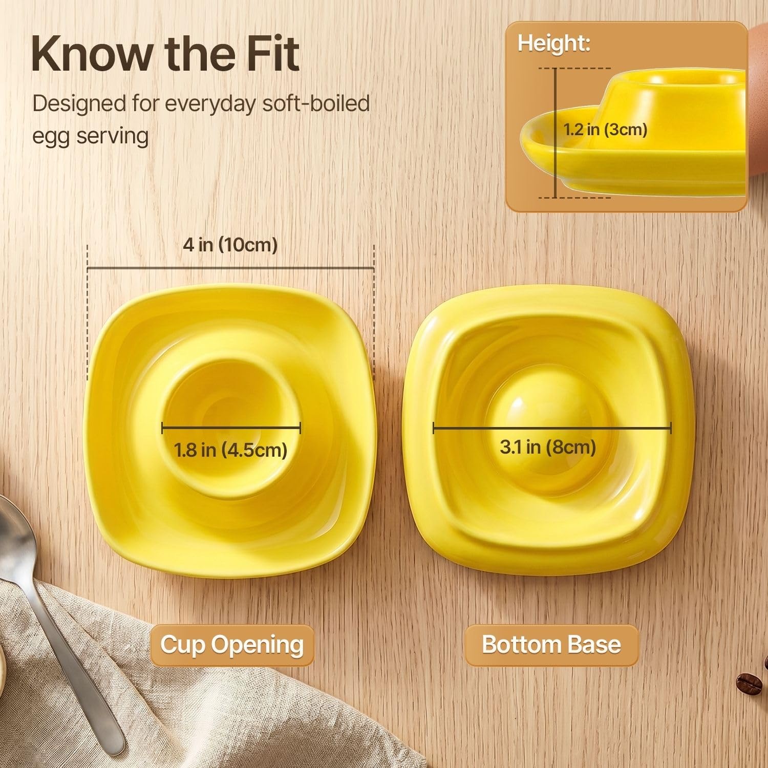 Flexzion Coquetiers pour œufs à la coque - Lot de 6 en céramique - Coquetiers empilables avec socle pour service, petit-déjeuner, brunch - Décor de table, Jaune