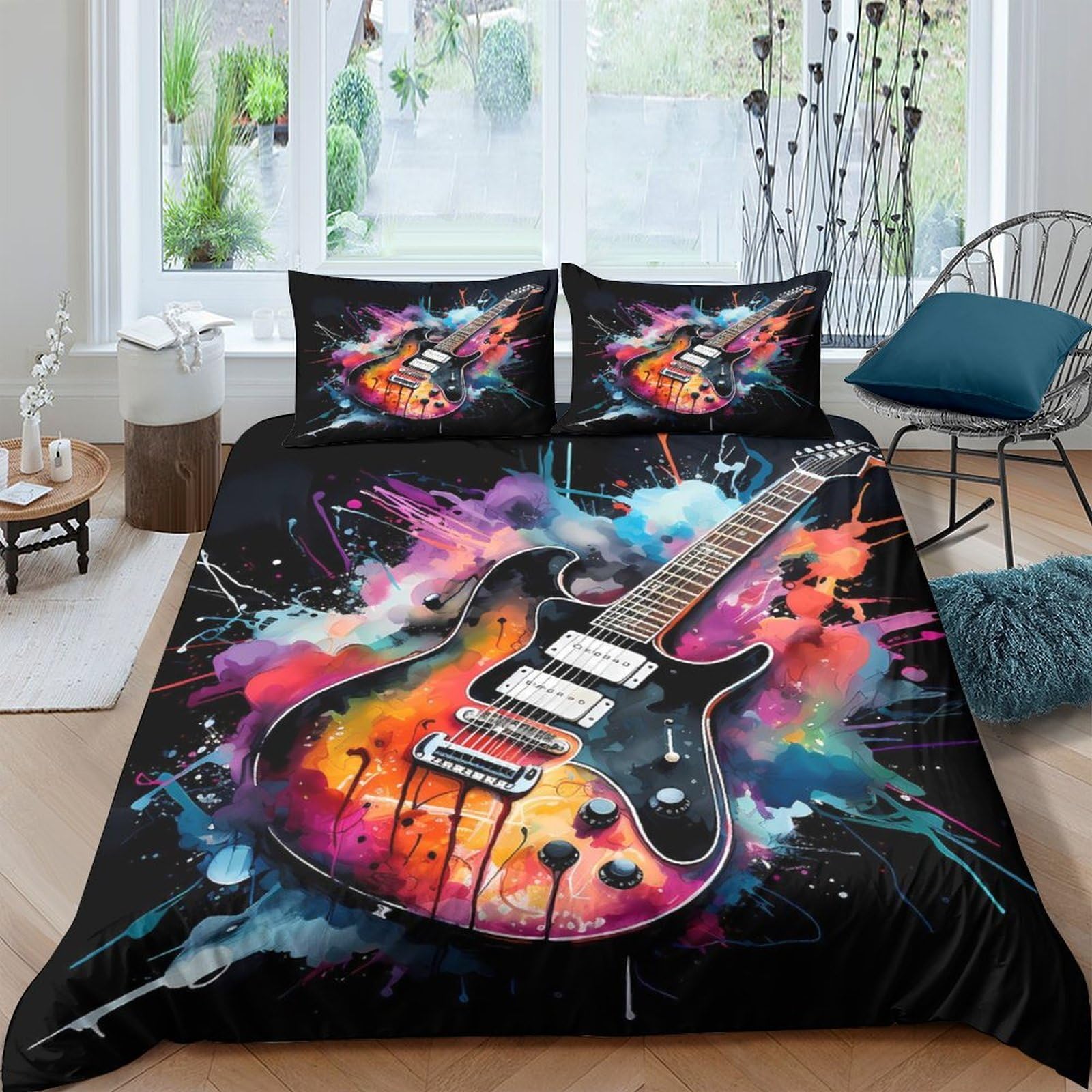 Ctjqhvkz Style-7 3D Printed Electric Guitar Fitted Sheet Microfiber Vibrant Splash Bed Cover For Bedroom Dorm Mattress Decor Single（135X200cm）