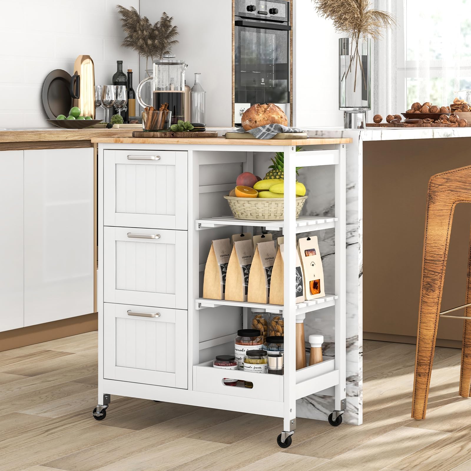 FANTASK Armoire de Cuisine avec 3 Grands tiroirs, Plateau et 2 Niveaux étagère de Rangement, îlot de Cuisine, Chariot de Service à roulettes, Chariot de Cuisine en Bois d'hévéa, 67 x 37 x 82,5 cm