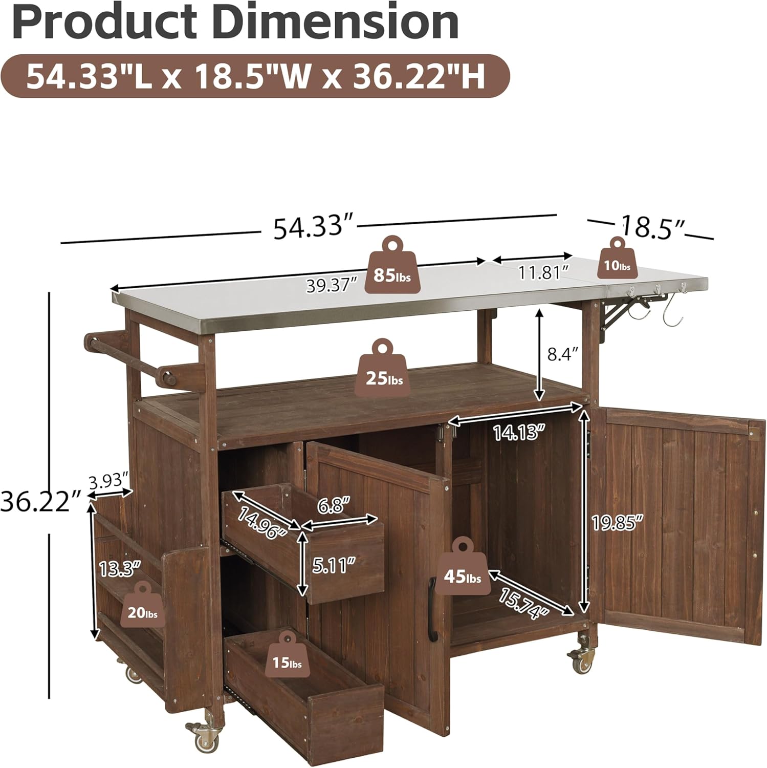 Merax 54.33" Farmhouse Rolling Outdoor Kitchen Cart, Solid Wood Frame with Stainless Steel Top, Spice Rack, Towel Rack, Lockable Wheels & Multi-Functional Storage for Patio, Backyard BBQ & Kitchen