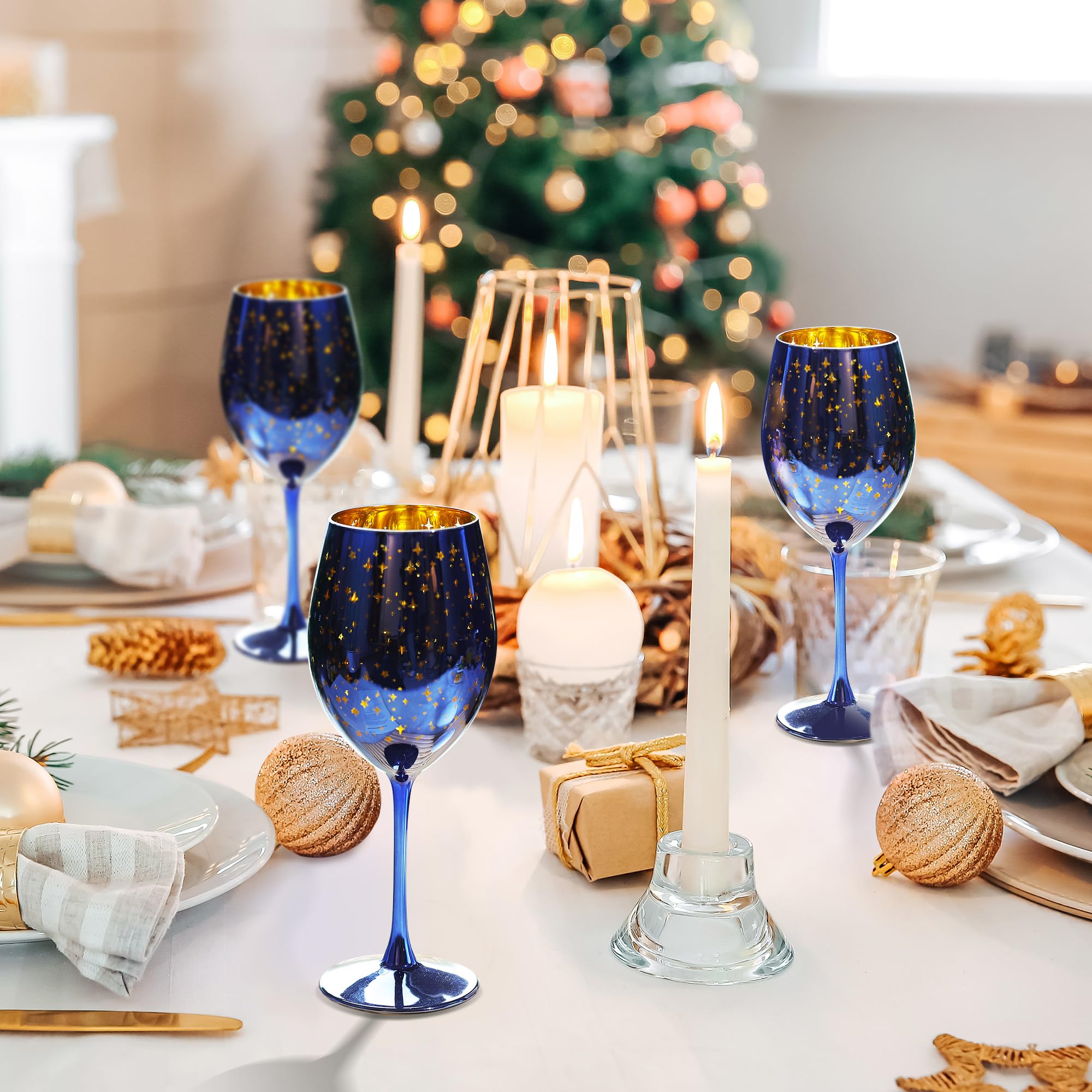 Joeyan 580ml Lot de 2 Verre a Vin Cristal Bleu de Noël Design étoiles Dorée