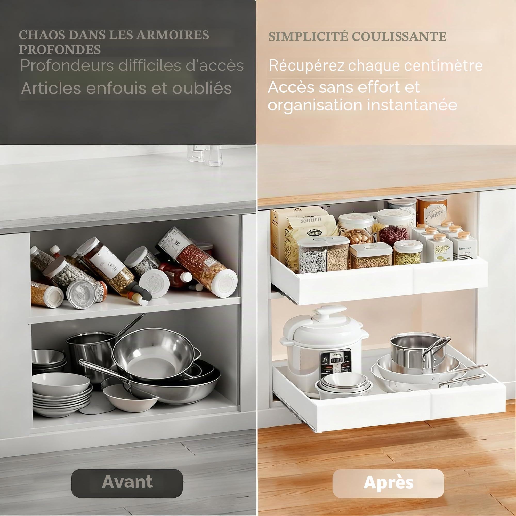 Lot de 2 Tiroir Coulissant Cuisine Adhesif le Rangement Cuisine, Organisateur de Placard Extensible, (32-52cm L x 43cm P x 7,5cm H) Système à 3 Rails, Pas de Perçage ni de Clouage, Blanc