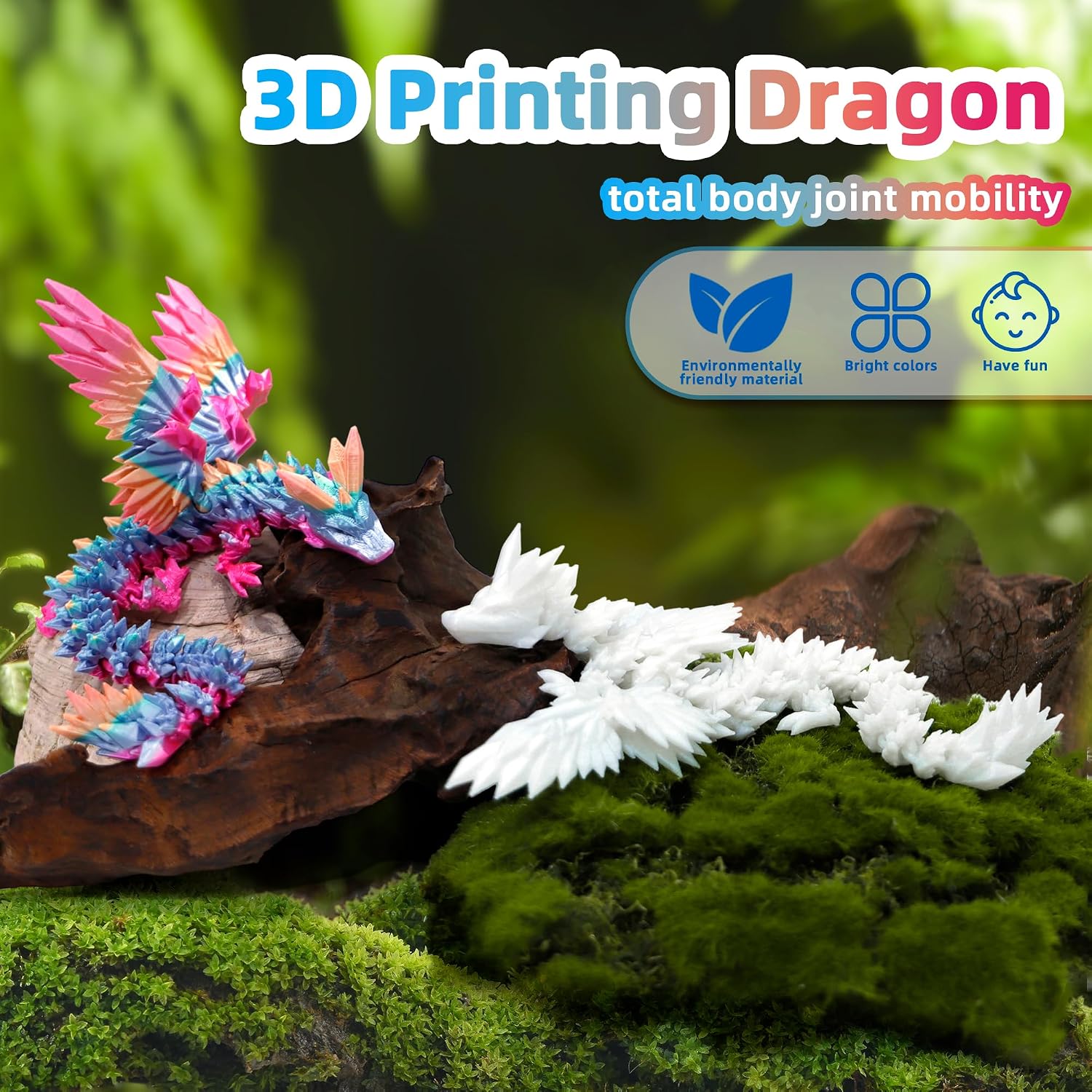 2 Pack 3D Printed Dragon with Wings - 9 inch Flying Dragon, Flexible Articulated Winged Animal, Office Desk Pet Toy, Home Decor, Easter Basket Stuffers (Candy Rainbow+ Glow Blue) image 3