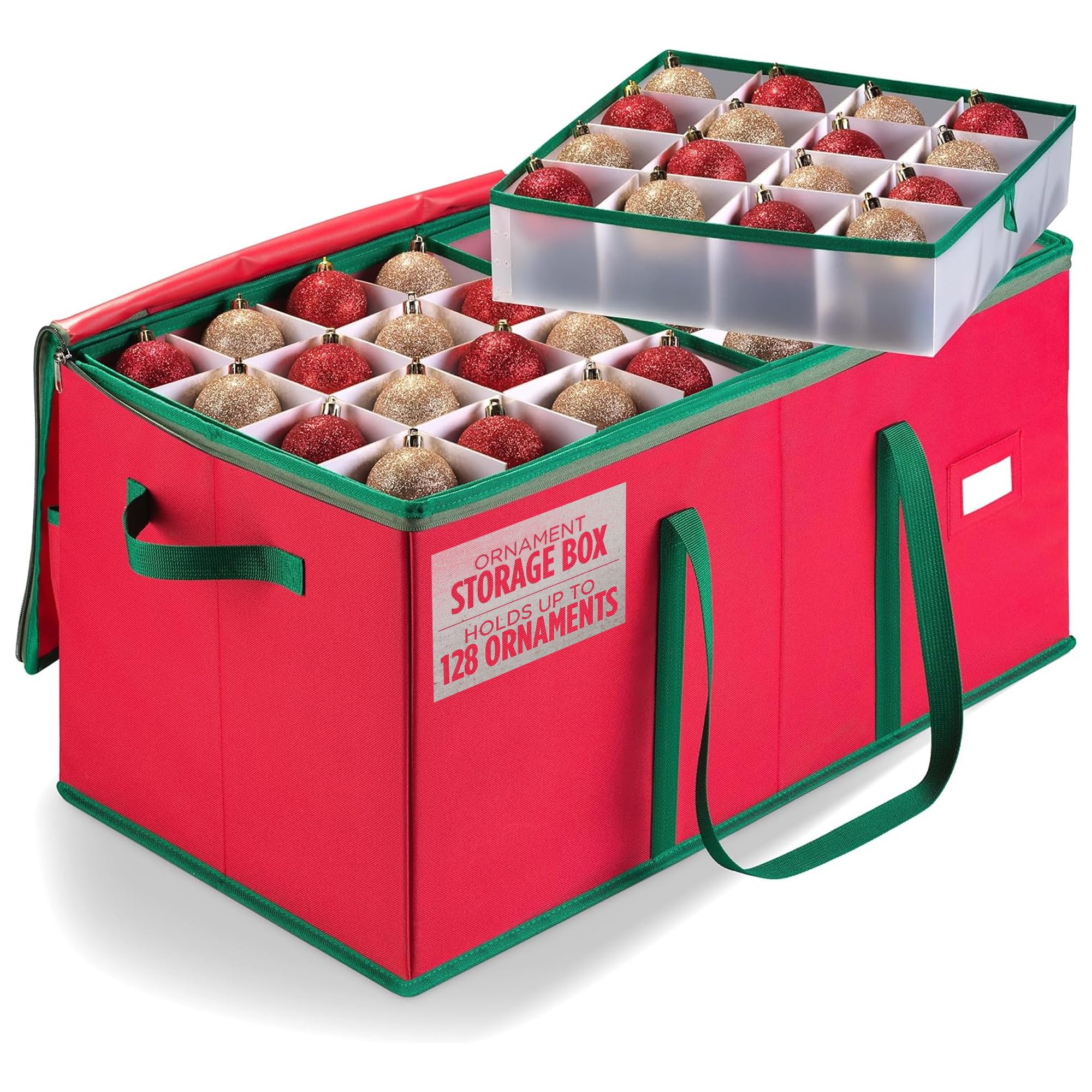 Handy Laundry Christmas Ornament Storage Box in red with green trim, closed and ready for storage.