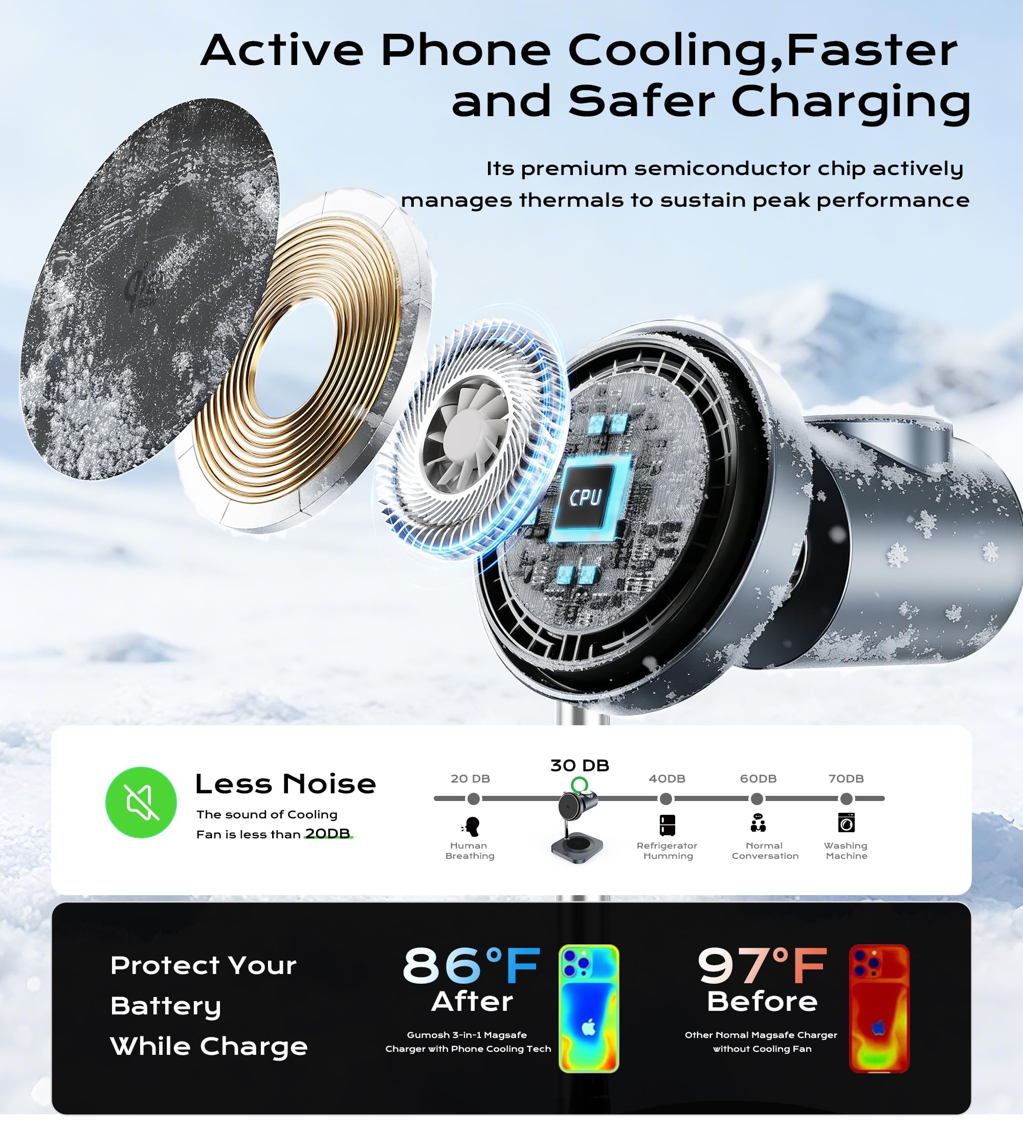 Station de charge Qi2.2 chargeur magnétique 3 en 1 25W avec ventilateur de refroidissement actif, chargeur sans fil magnétique pour iPhone 17/16/15/14/13/12, Apple Watch, AirPods (avec adaptateur 45W)