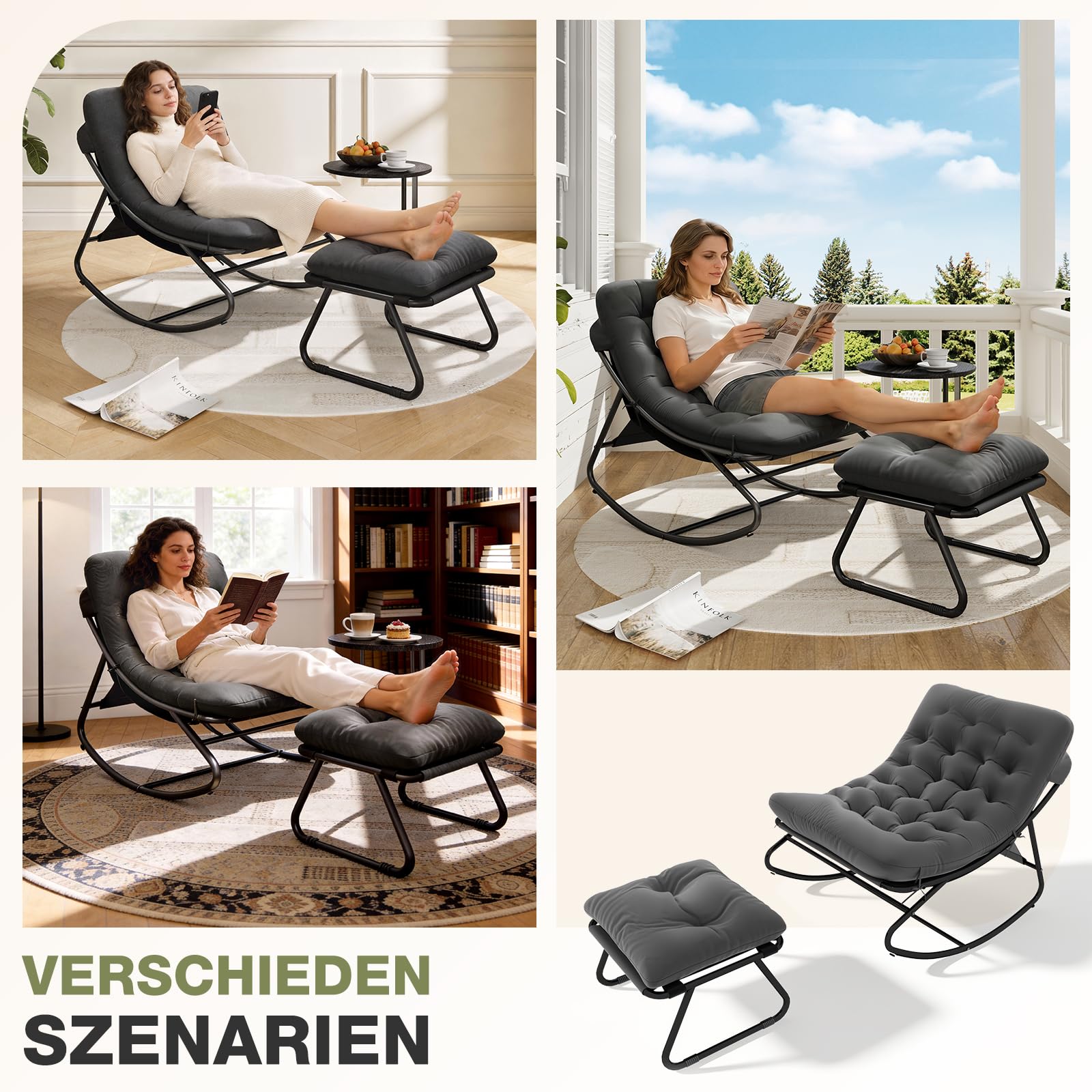 Aoxun Schaukelstuhl mit Hocker für Erwachsene, Schaukelliege Wetterfester Relaxstuhl aus Metall für Hof, Garten, Balkon, maximale Belastung von 160kg, Schwarzgrau