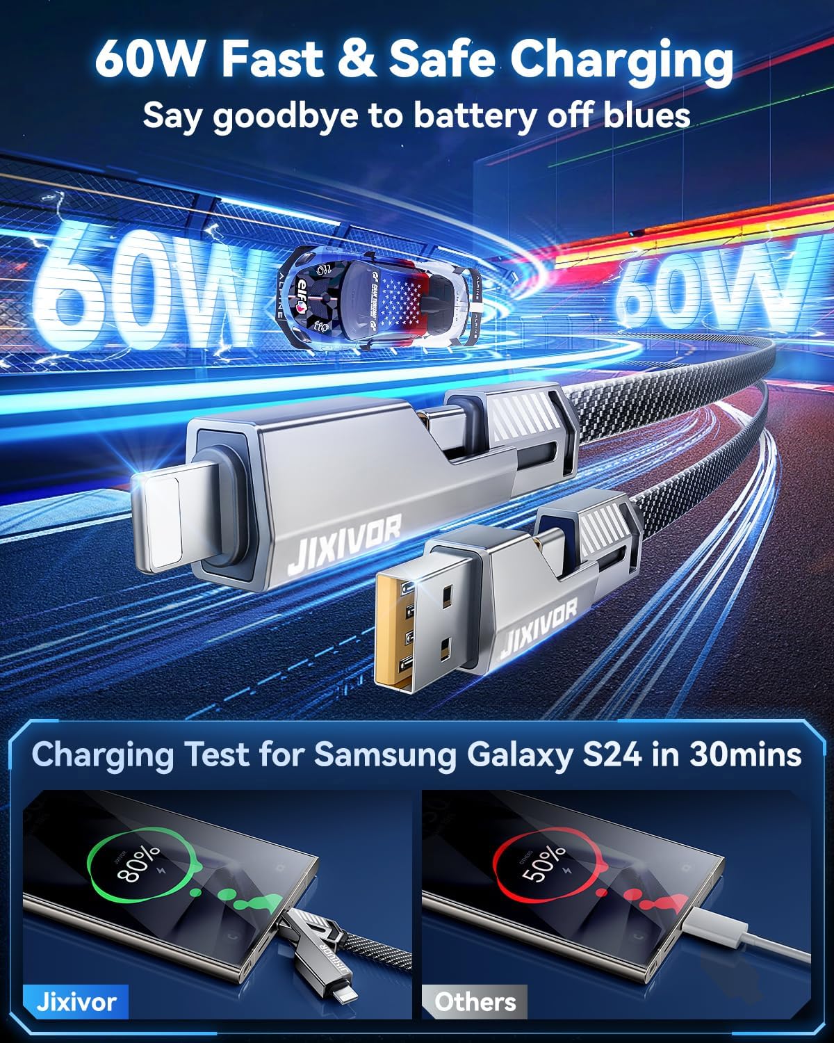 One is Enough 4 w 1 kabel USB C do Lightning, szybkie ładowanie 2,5 m, 60 W, szybkie ładowanie i szybki transfer danych, CarPlay i Android Auto obsługuje wiele ładowarek Combo Lightning/typ C/USB A do