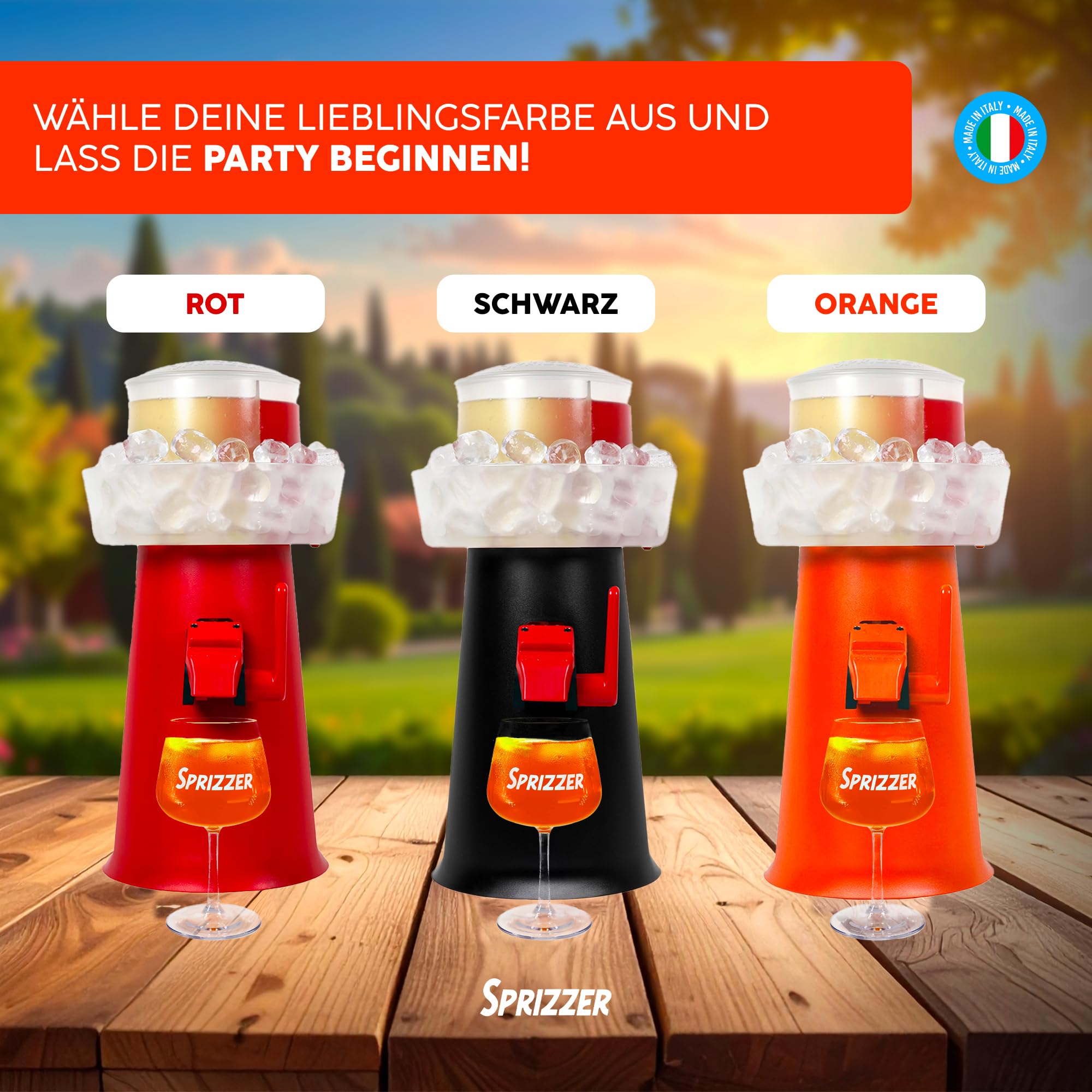 Aperol Spritz Maschine Dispenser Mischer mit Eisbehälter, Manuelle Abgabe, Orange, Made in Italy