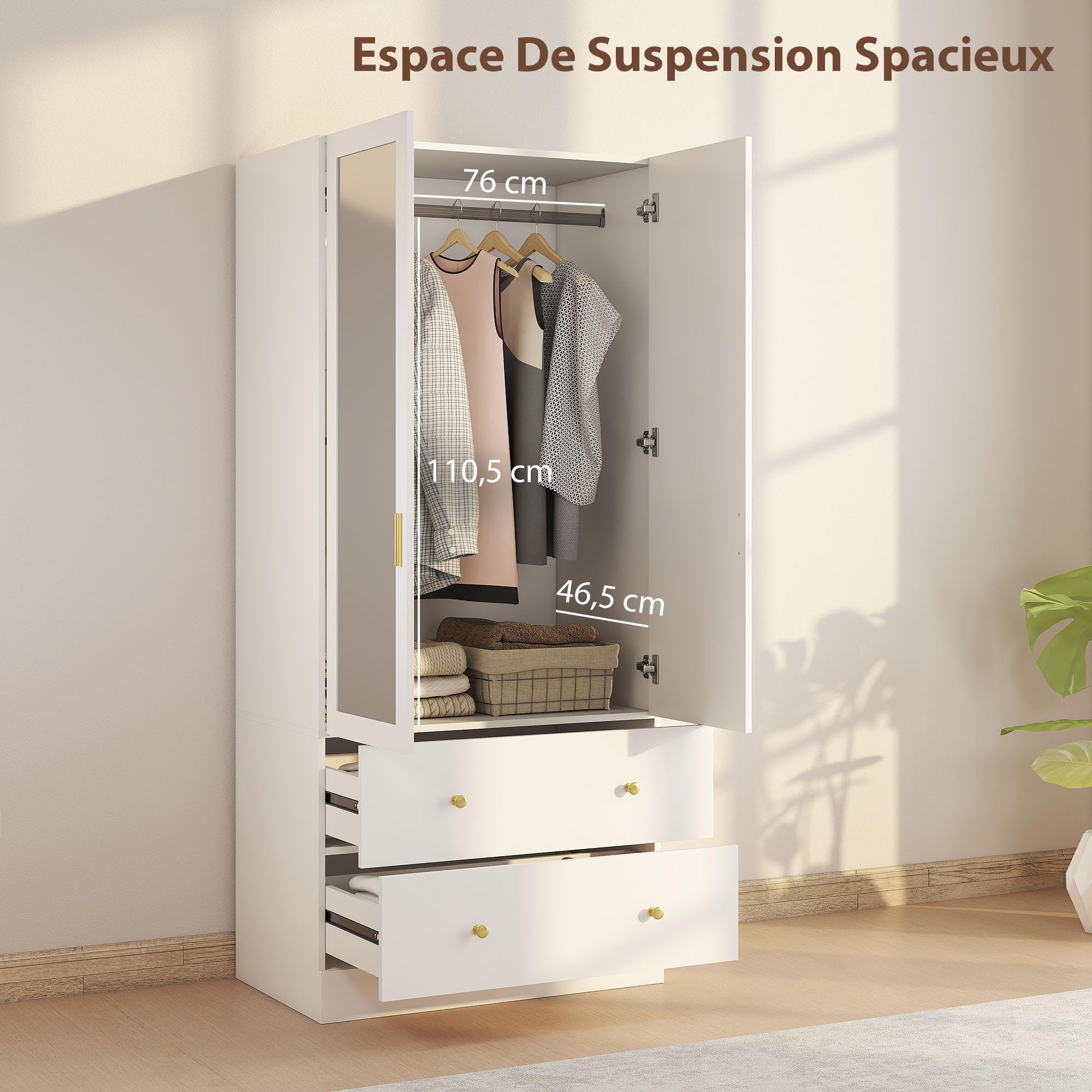 HOMCOM Armoire Chambre penderie avec Miroir, 2 Portes, Armoire à vêtements, Dressing avec 2 tiroirs et Barre de Suspension, Style Moderne, 80 x 50 x 180 cm, Blanc