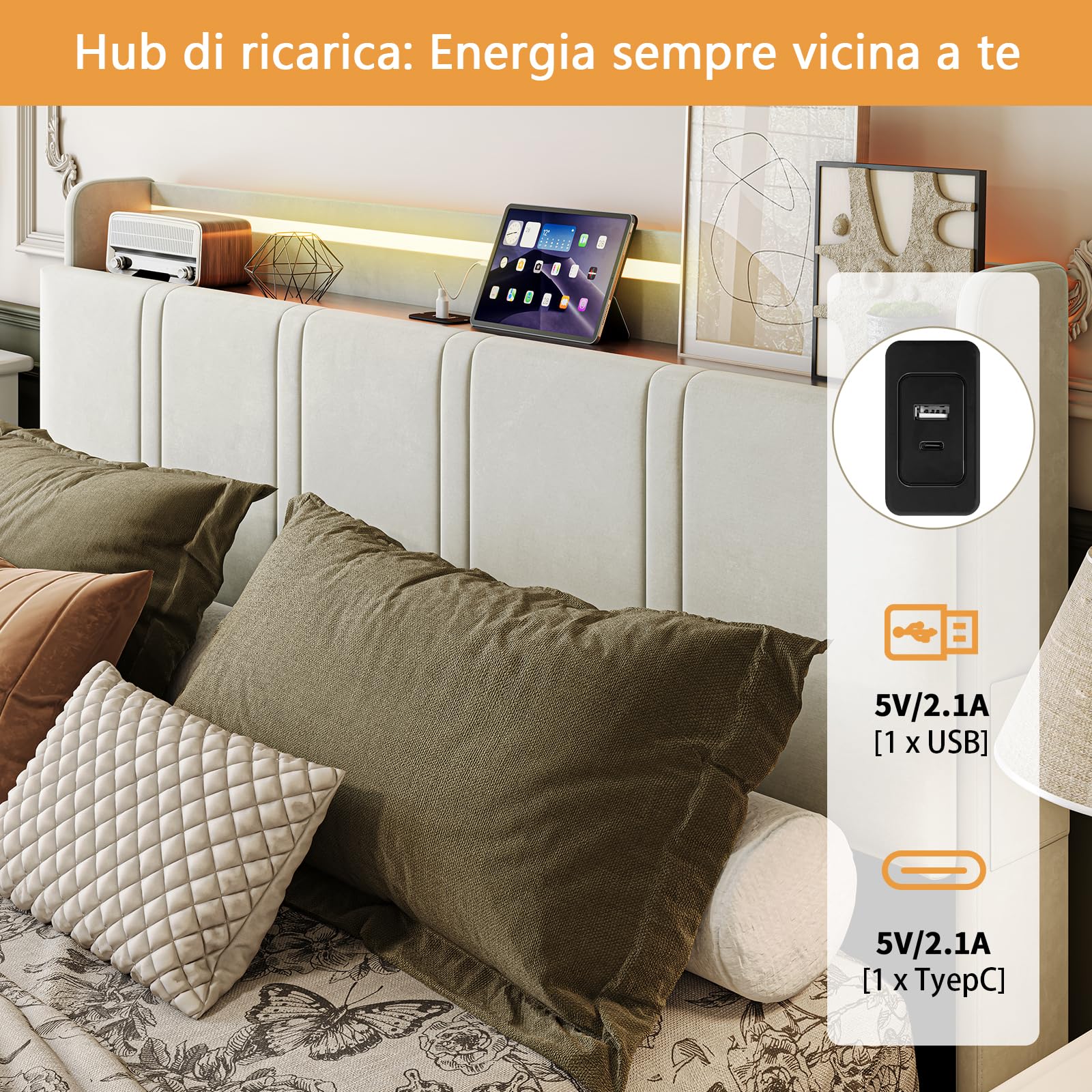 Letto con 4 Cassetti 140x200 cm, Velluto Beige con LED & TYPE-C, Testiera con 1 Ripiano, Salvaspazio, Struttura Letto con Doghe, Senza Materasso
