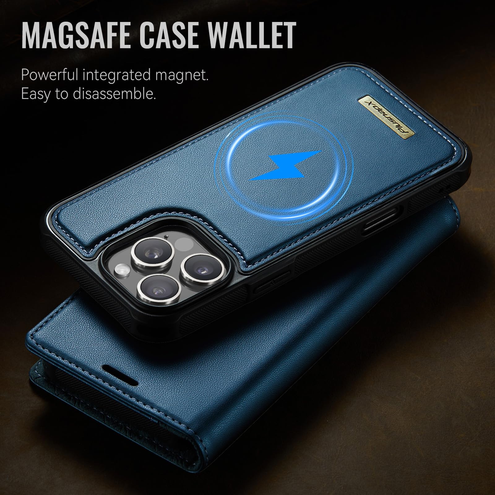 Custodia a portafoglio staccabile per iPhone 13 Pro 2 in 1, blu | Compatibile con Magsafe, magnetico, porta carte di credito con blocco RFID, antiurto, cavalletto, ricarica wireless