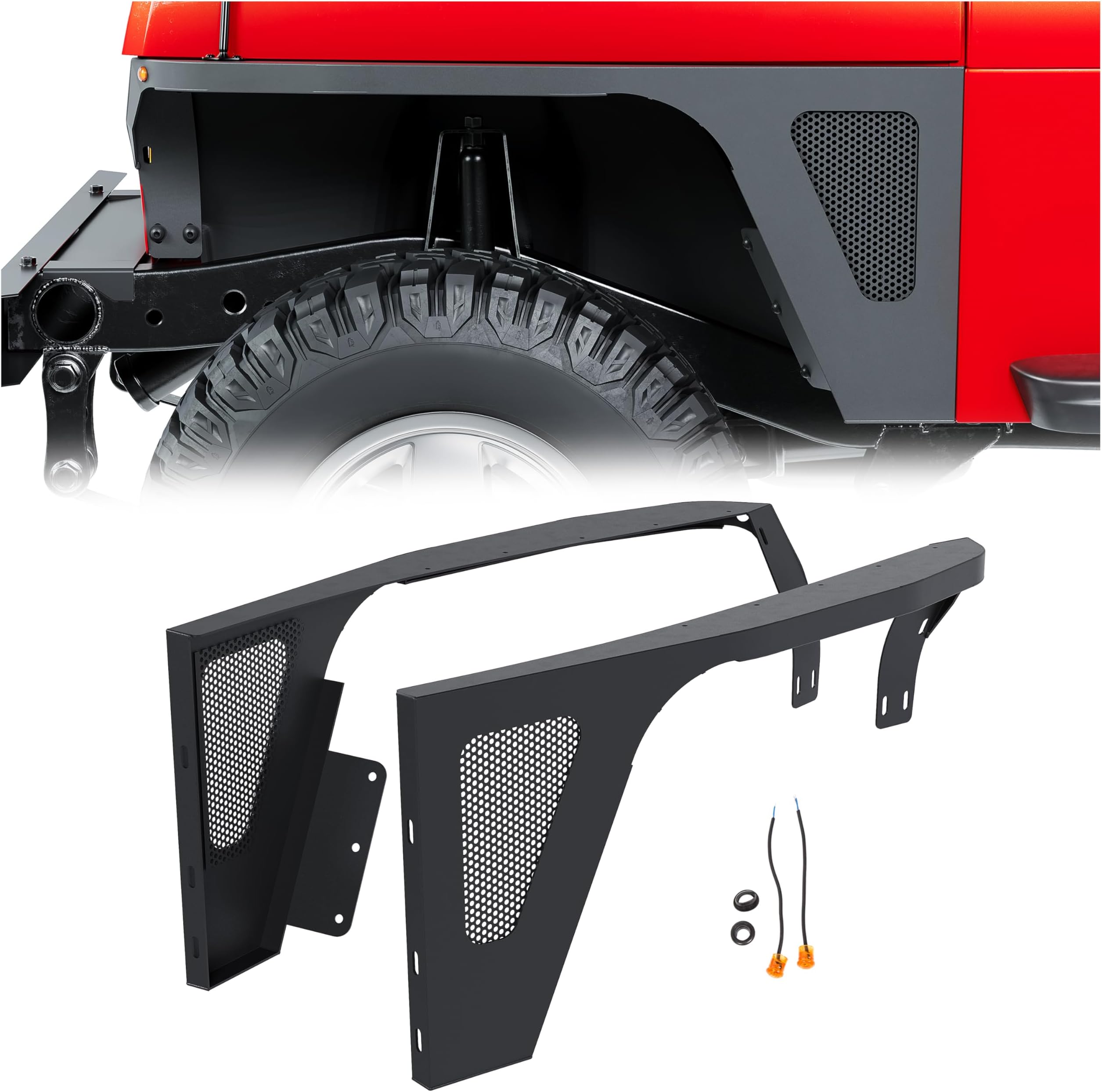 Front Fender Flares Compatible with 1987-1995 Jeep Wrangler YJ Body Armor Rocker Guards with LED Eagle Lights Powder Coated Steel
