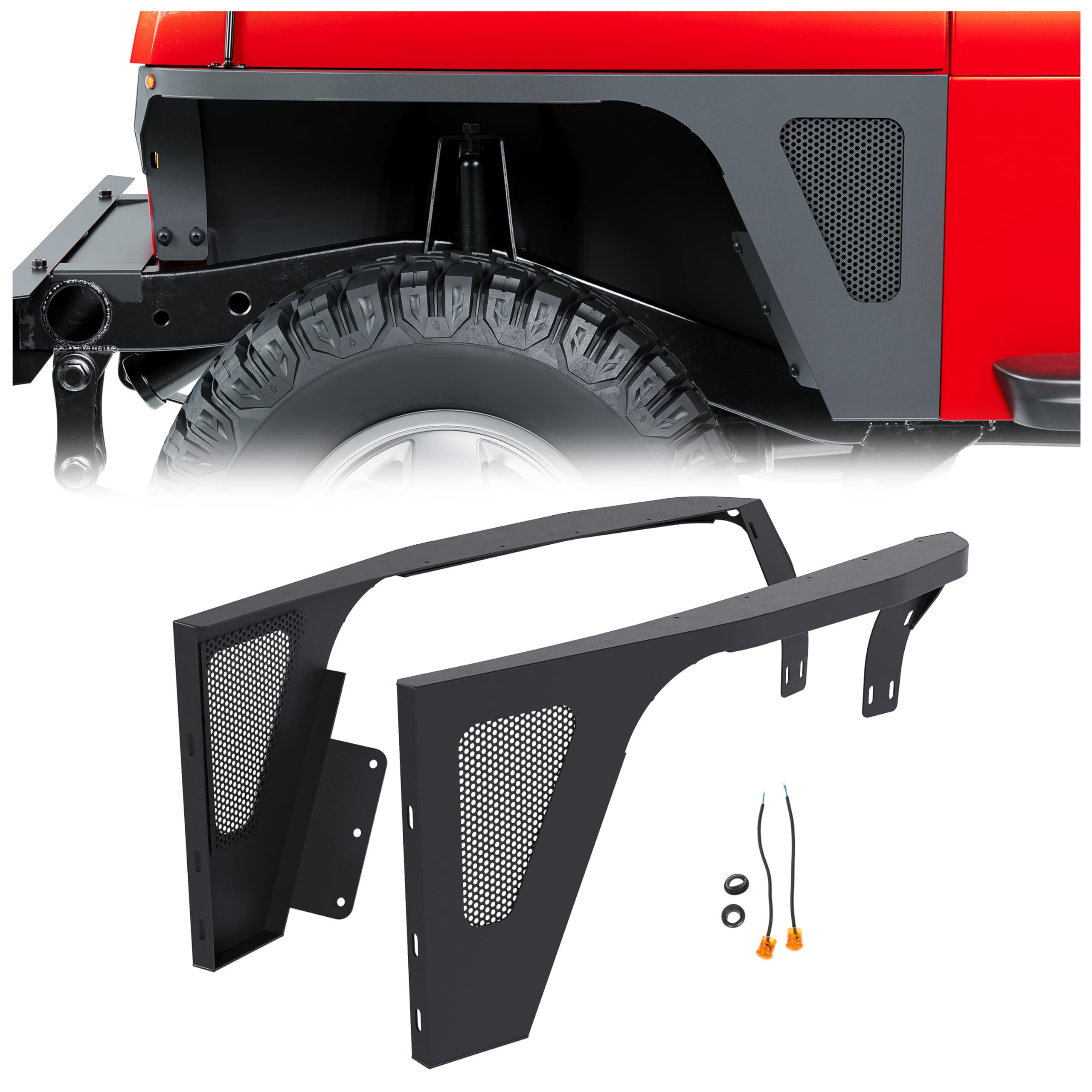 Front Fender Flares Compatible with 1987-1995 Jeep Wrangler YJ Body Armor Rocker Guards with LED Eagle Lights Powder Coated Steel