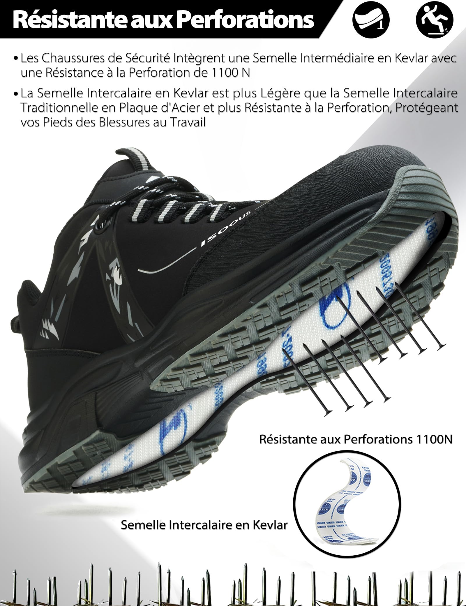 ISOOUS Chaussures de Sécurité Hommes Femmes Basket de Securite Légère Respirante Chaussure de Travail Confortable Antidérapante
