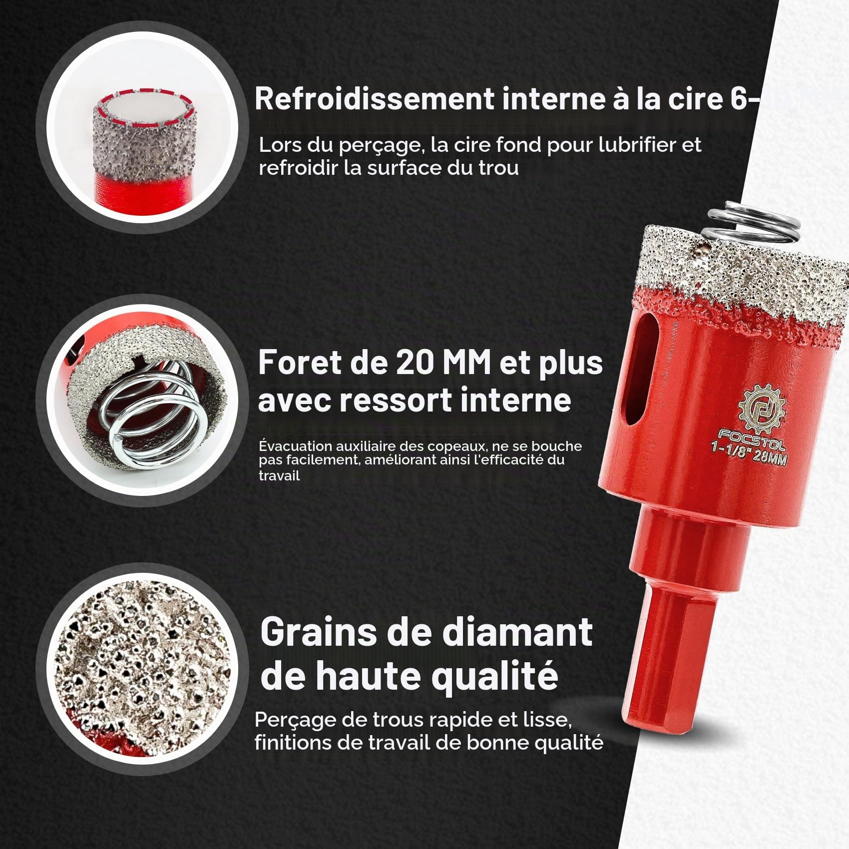 FOCSTOL Foret Diamant Carrelage Kit - Scie Cloche Diamantée pour Carrelage Céramique Porcelaine 13 pièces (6/8/10/25/28/32/35/45/65mm+50mm Mèches Chanfrein Biseautées+20mm Fraise+6/6mm Foret Carbure)