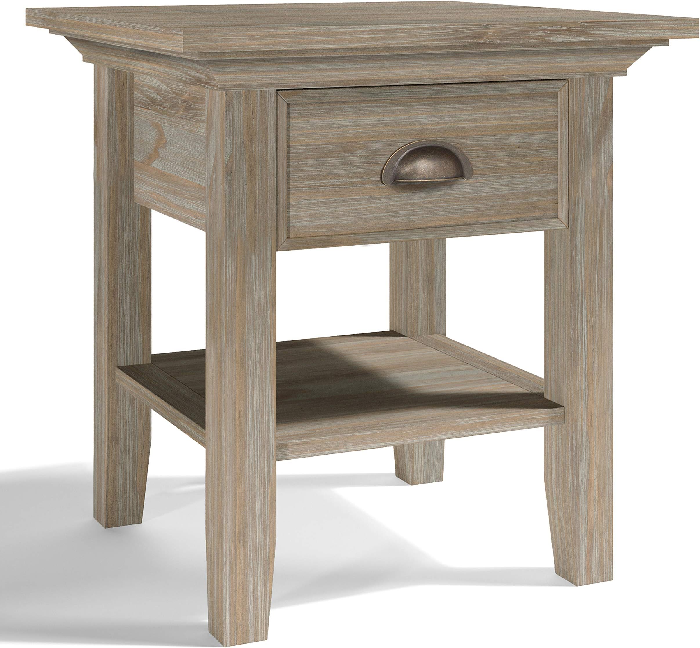 SIMPLIHOME Redmond SOLID WOOD 19 inch wide Square Transitional Transitional End Side Table in Distressed Grey with Storage, 1 Drawer and 1 Shelf, for the Living Room and Bedroom