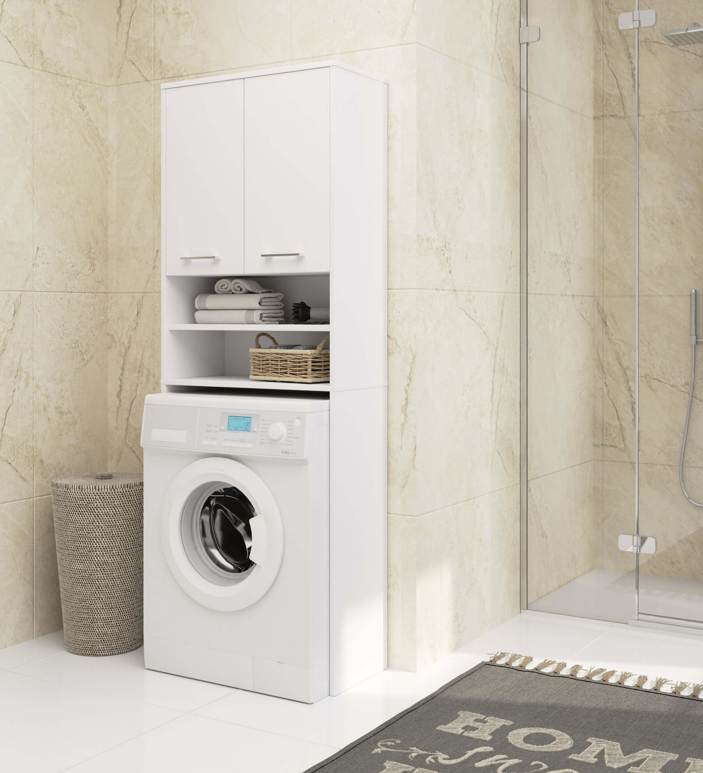 AKORD | Armadio Pensile per Lavatrice | Armadio di trasformazione con 2 ante, 2 Ripiani Aperti | Archivio per bagno | Cassettiera per lavatrice | 64x180x30 cm | Peso 30 kg | Bianco