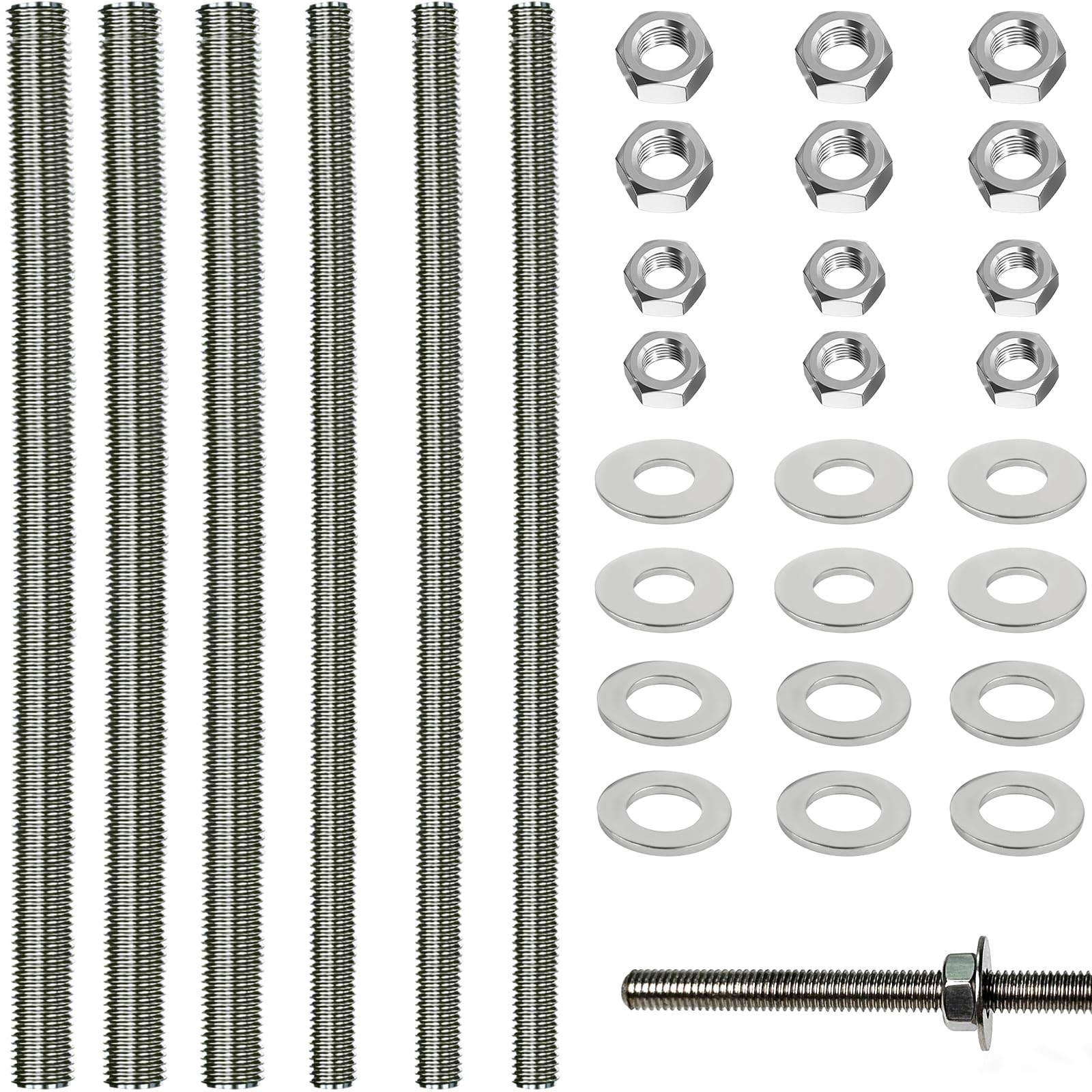 6 Pcs 304 Stainless Steel Threaded Rod, M8/M6 x 300 mm Fully Threaded Studding Rod Bar, Right Hand Threads