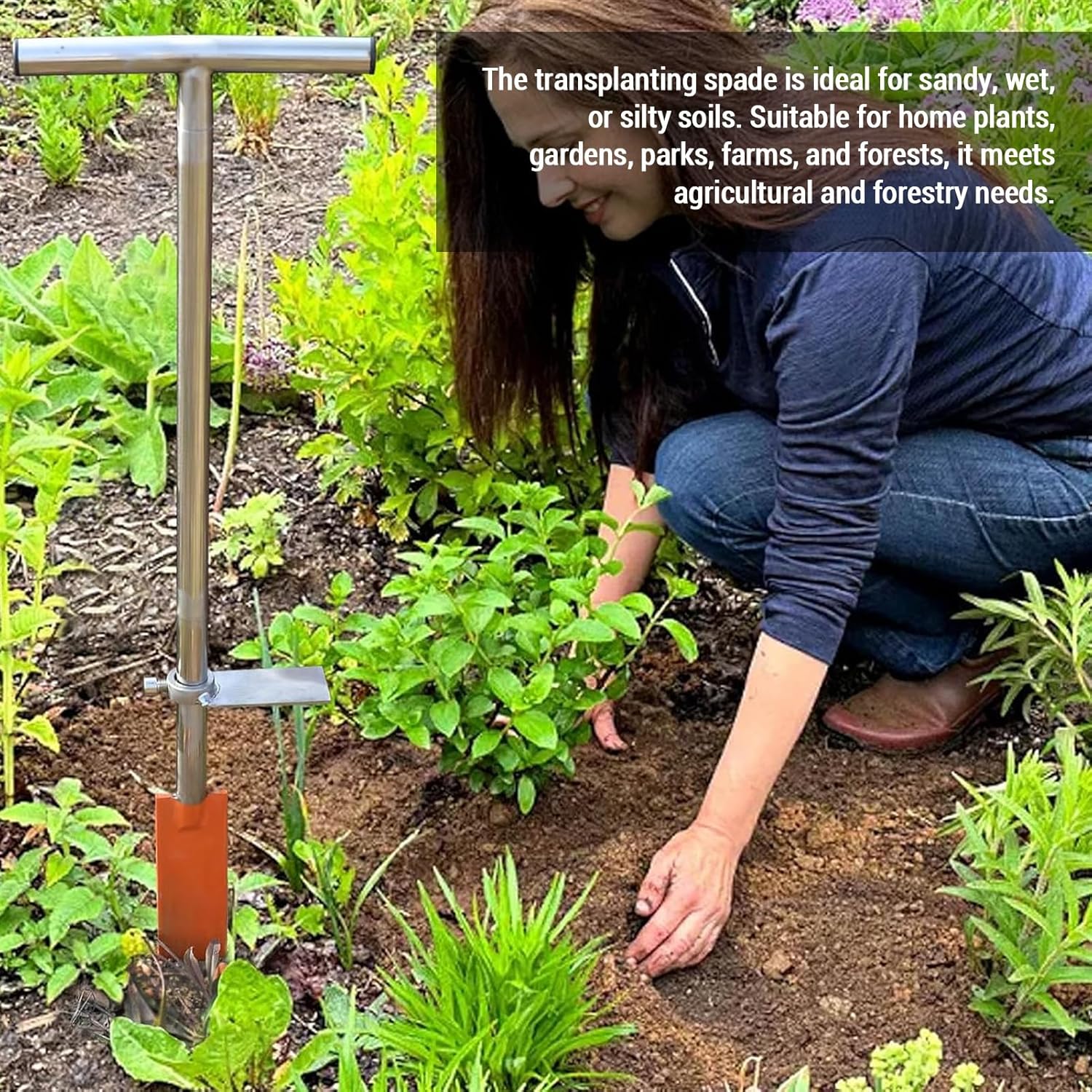 Garden Digging Spade, Stainless Steel Planting Tool with Nonslip T Handle, Foot Pedal, Outdoor Dibble Bar for Sandy, Wet Soils, Home Plants, Ideal for Gardening, Park, Farm, Forest