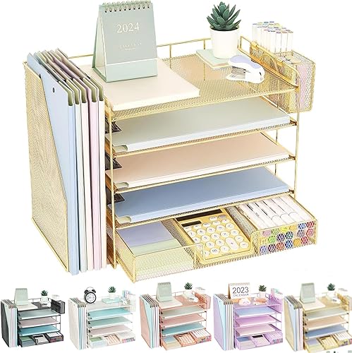 Organizador de escritorio de 5 niveles con estantes verticales, bandeja de papel de escritorio para organización de oficina con cajón y soporte para