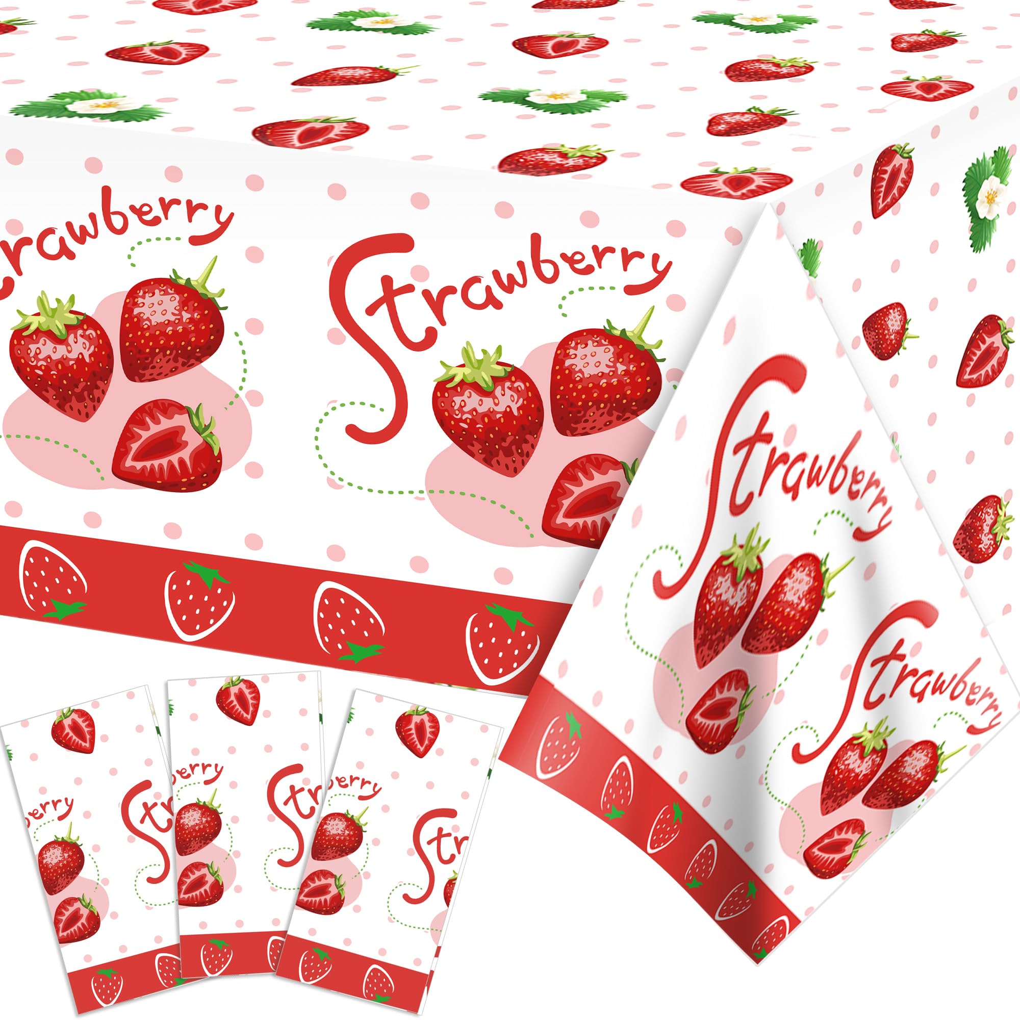 PHOGARY Strawberry Birthday Decorations 3PCS Strawberry Tablecloth,Disposable Plastic Rectangle Strawberry Table Cover for Kids Berry First Birthday