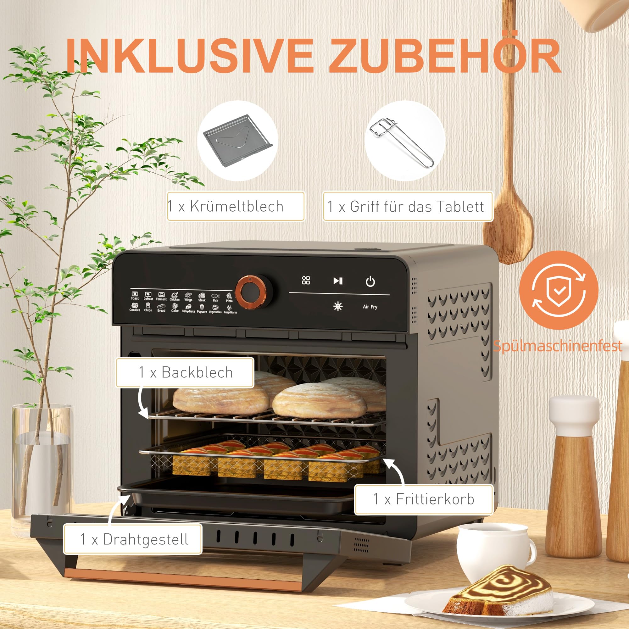 HOMCOM Mini forno a convezione 20L 3 in 1 Mini forno con griglia, teglia e vassoio per le briciole, friggitrice ad aria calda 40 °C-220 °C con cestello per frittura, timer, luce interna, 1400W,