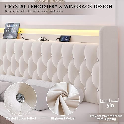 Miniatura 6 de HIFIT Base de cama LED tamaño Queen con estación de carga y 4 cajones de almacenamiento, cama plataforma tapizada en terciopelo con cabecera tipo