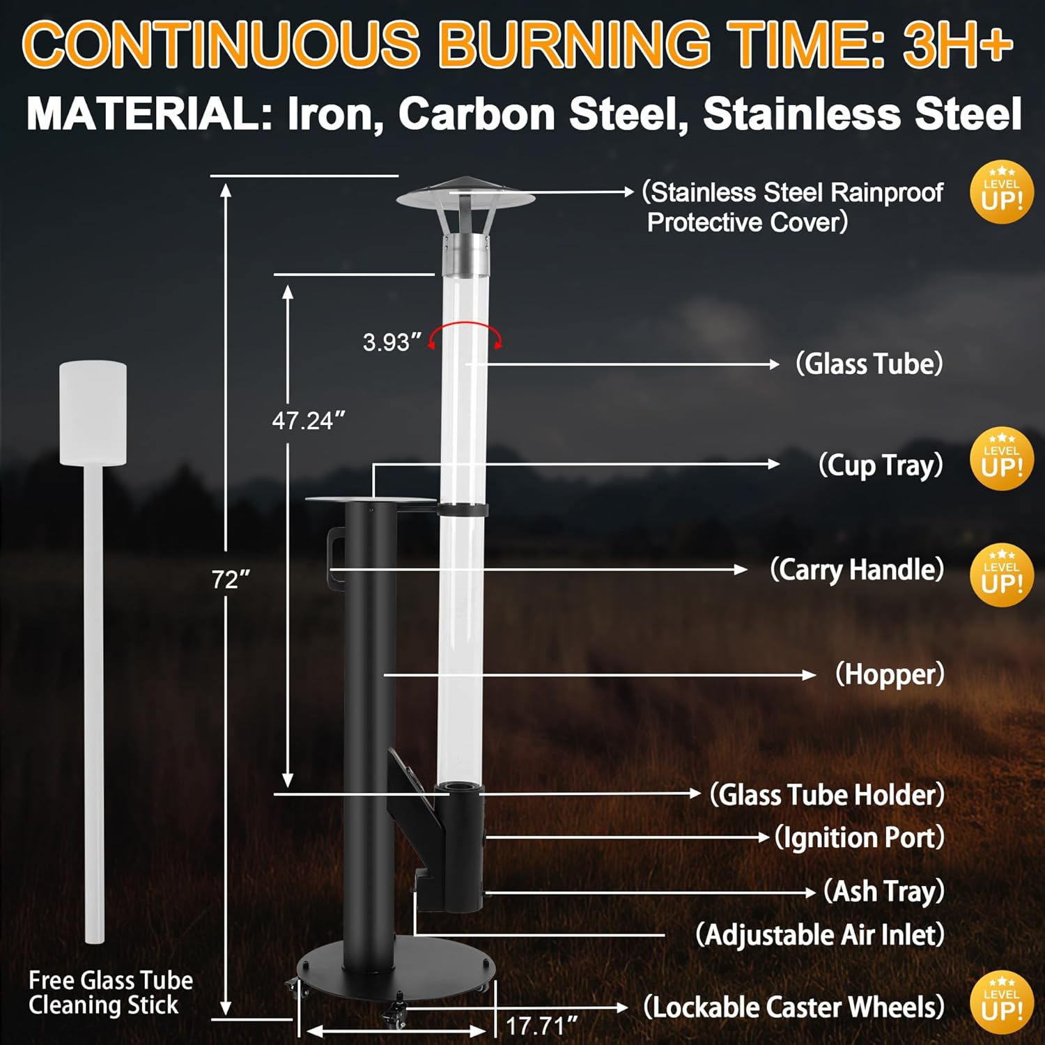72 Inch Premium Pellet Patio Heater, Extra Large Outdoor Wood Pellet Stove with Cup Tray & Ignition Port, 3H+ Burning Time, Lockable Wheels for Garden Backyard Party