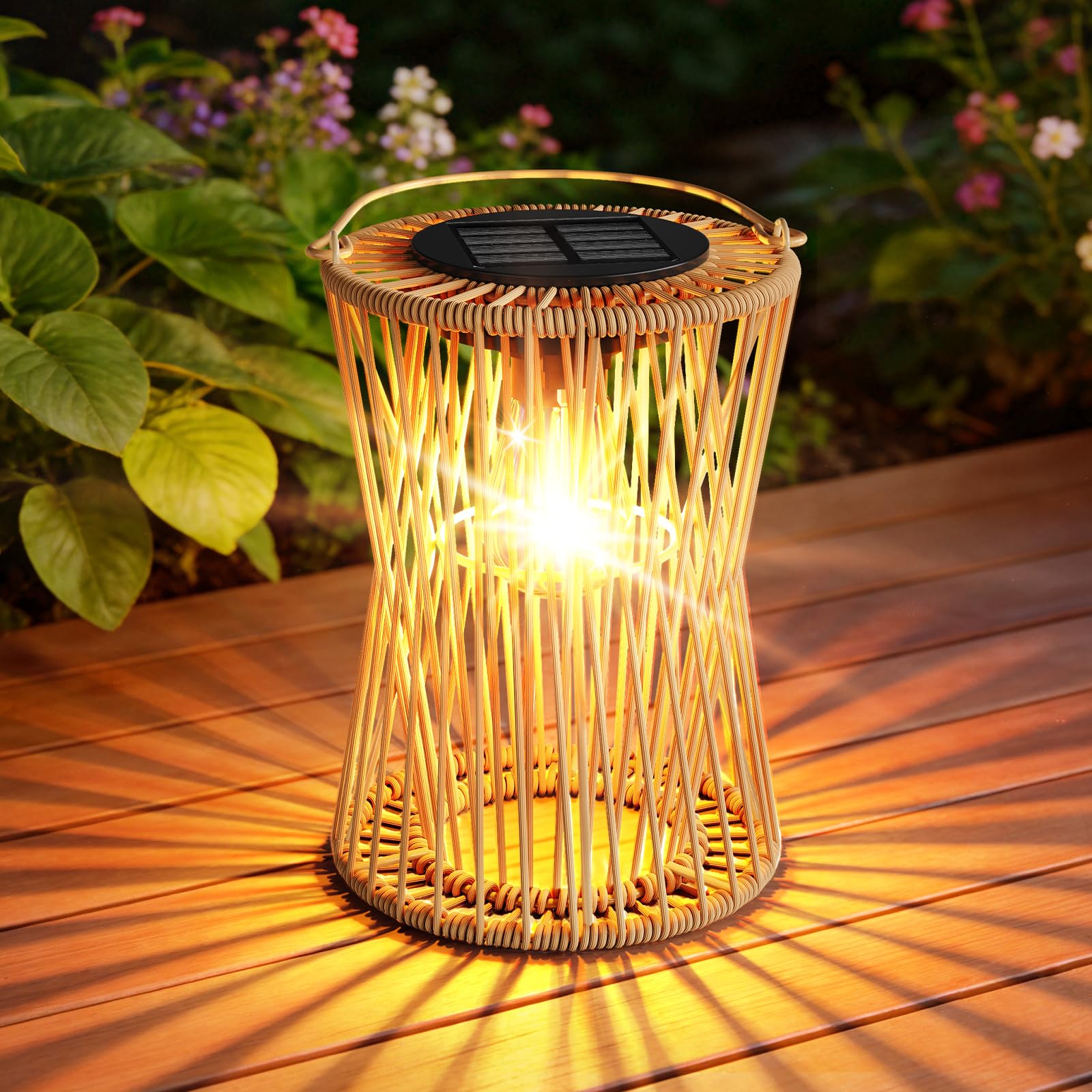 AOUNQ Solar Lights Outdoor Garden Ornaments, Vintage Rattan Hanging Solar Lanterns for Outside with Auto On/Off, Hanging Garden Lights Solar Powered Waterproof for Patio Yard, Gifts for Mom, 1 Pack