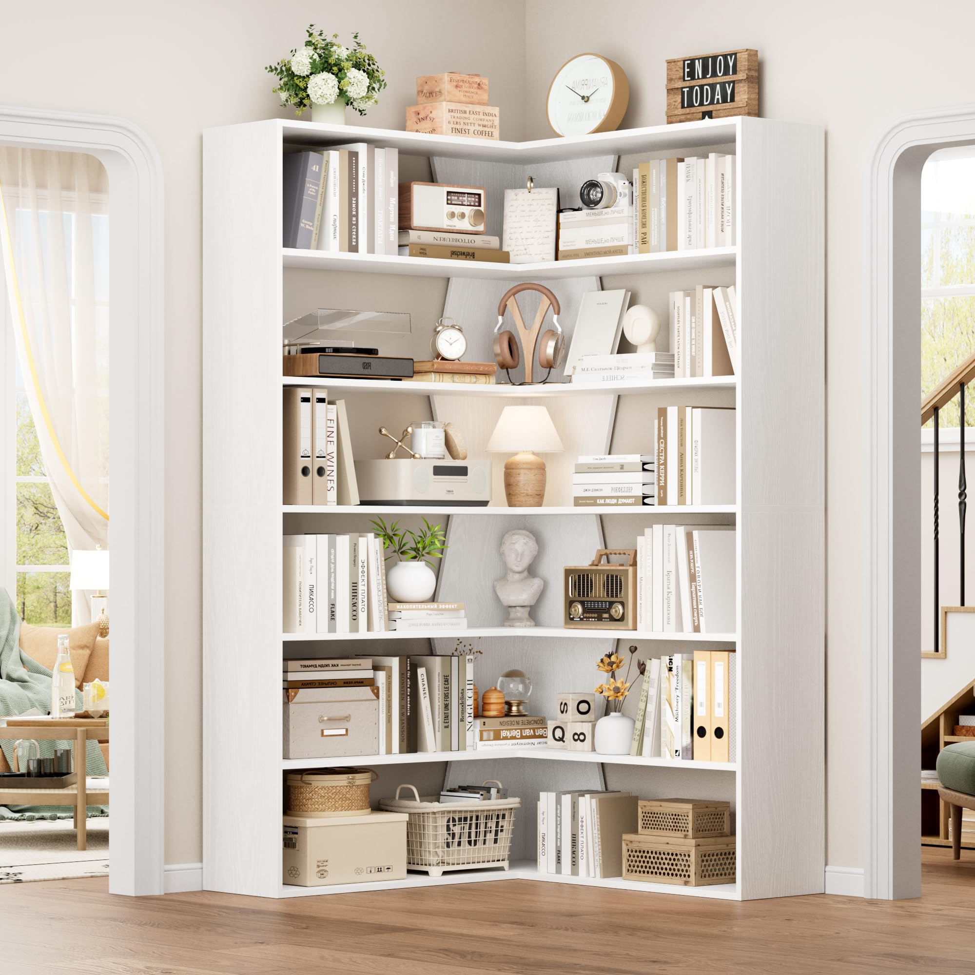 FirFurd 190.5cm Estantería Esquina 6 Niveles, Estantería Libros, Librería Salón, Estanterías Almacenaje Madera, Libreria Estanteria, con 12 Compartimentos, para Salón, Oficina, Estudio (Blanco)