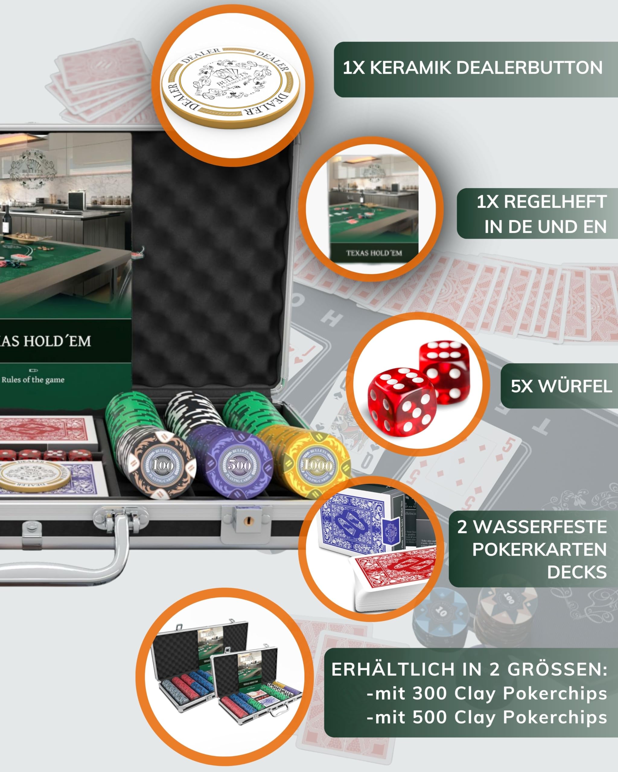 Bullets Playing Cards | Pokerkoffer „Tony“ mit 300 Clay Pokerchips 14g | Pokerset mit Karten, Würfeln, Dealer Button & Pokerregeln