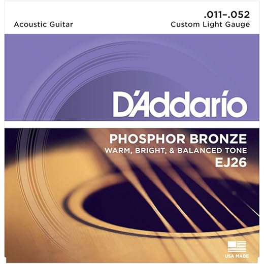 D'Addario EJ26 Acoustic 11-52 Custom Light Guitar Strings made of Phosphor Bronze for Warm, Bright & Balanced Tone